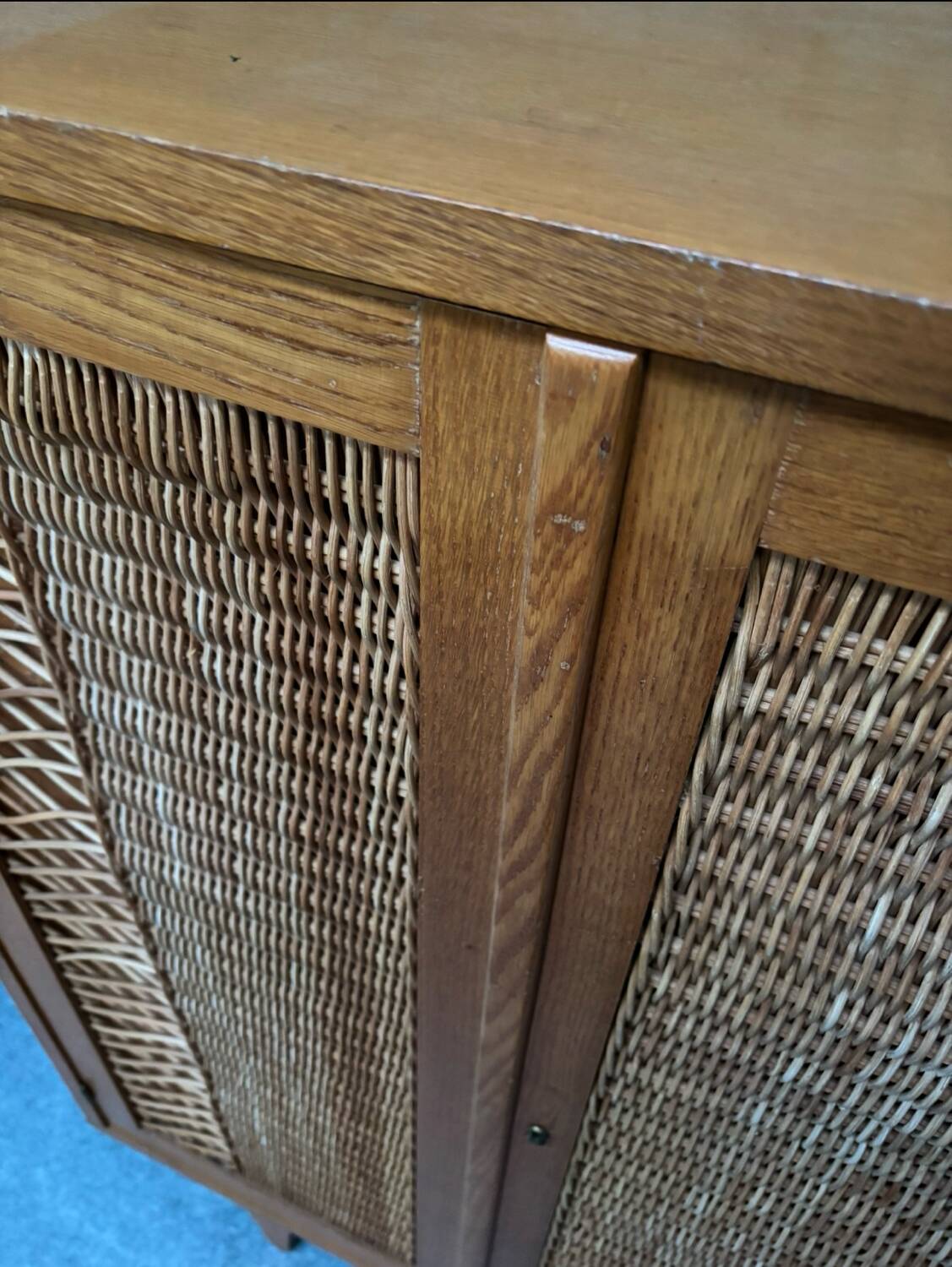 Vintage retro 1960s rattan and wood cabinet with desk section