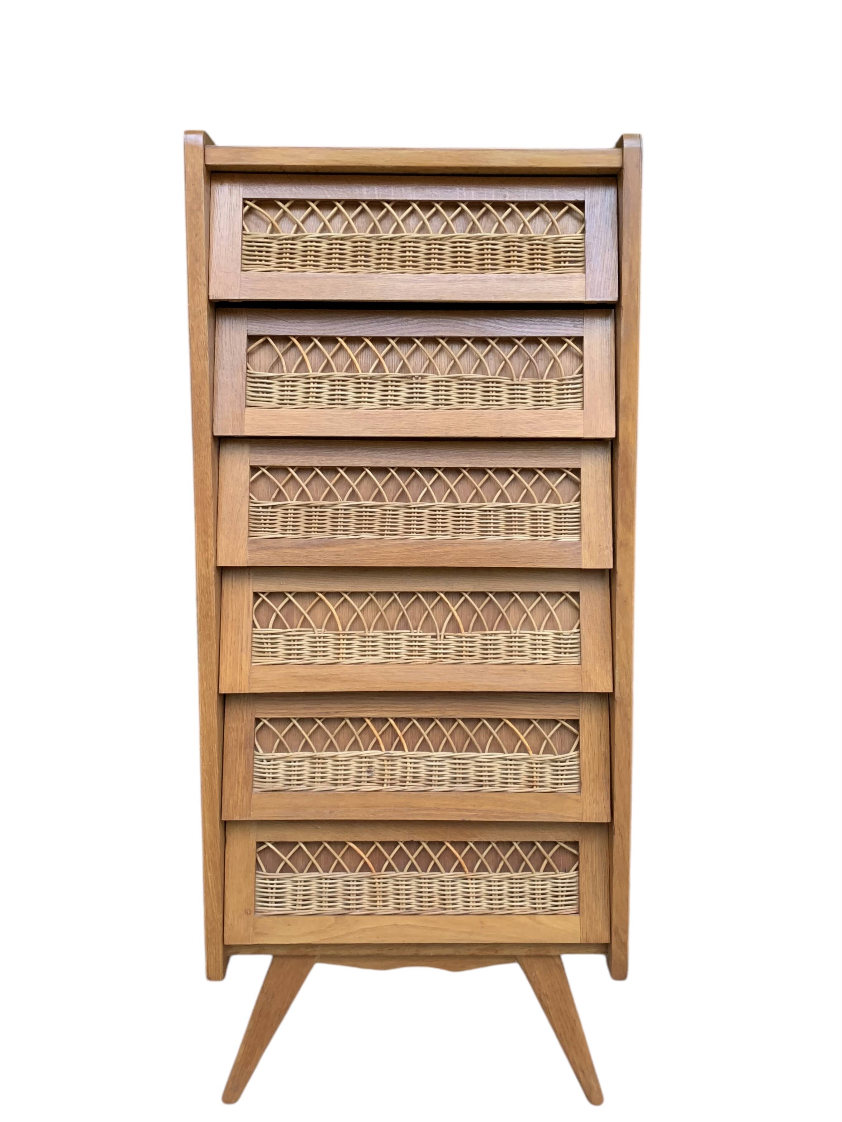 Vintage rattan chiffonier with compass feet 1950