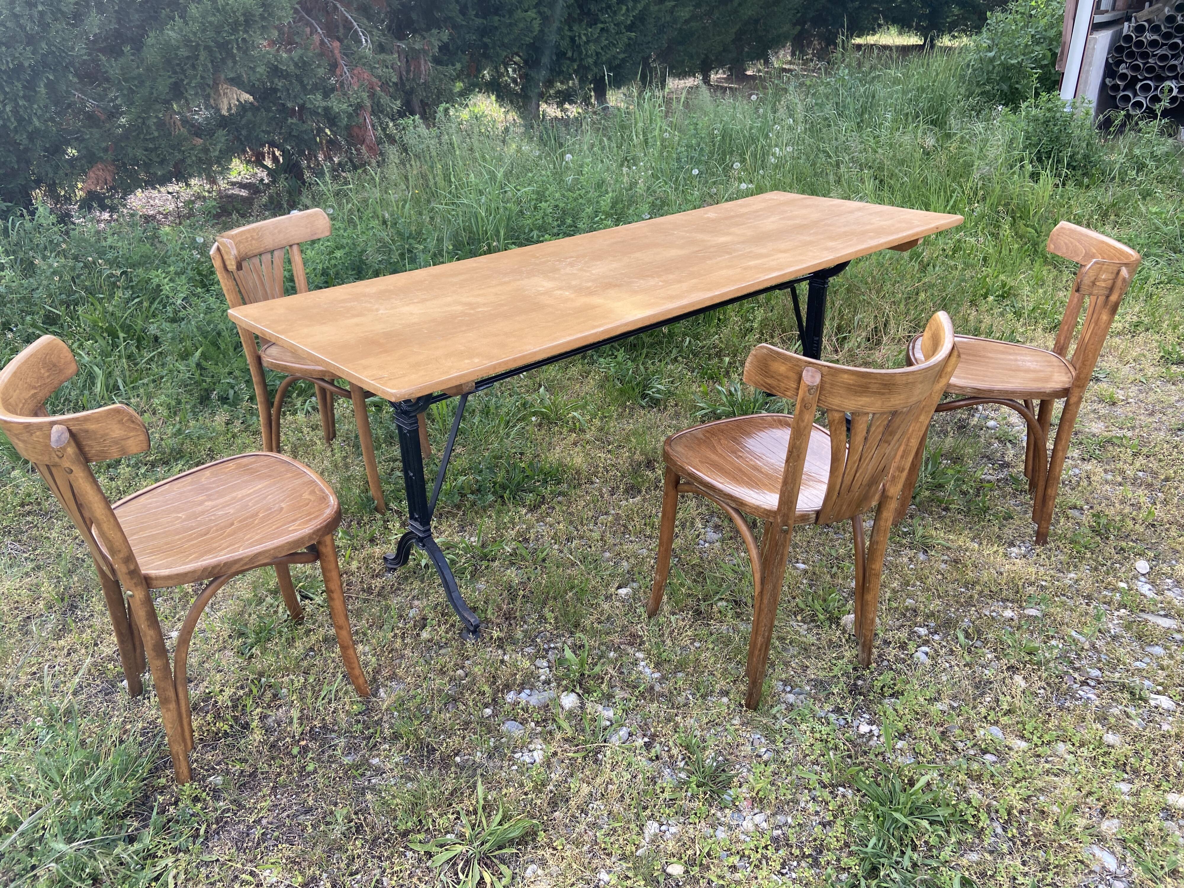 Large bistro coffee table in beech and cast iron base, French Paris
