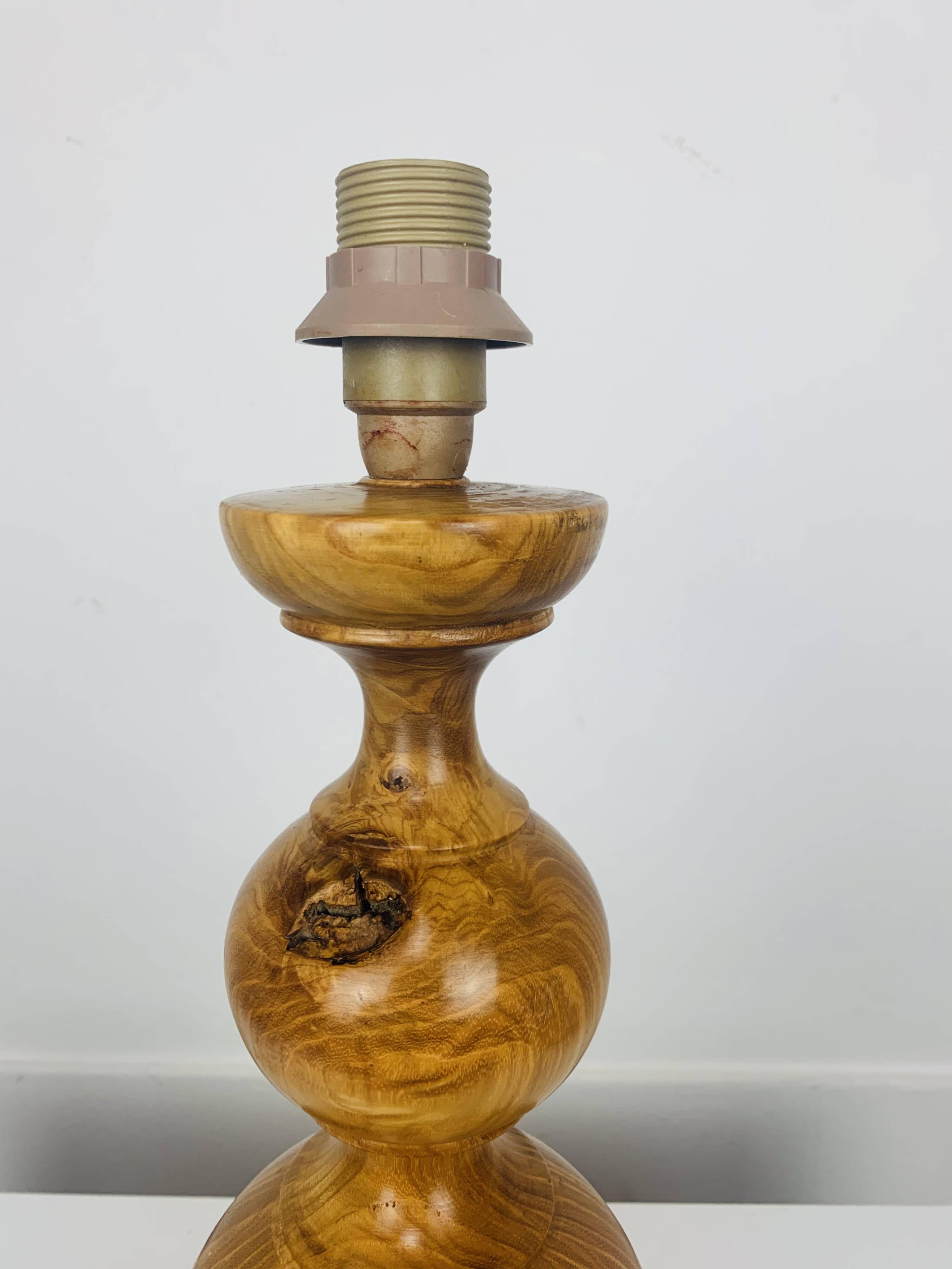 Turned wood lamp and vintage wool lampshade