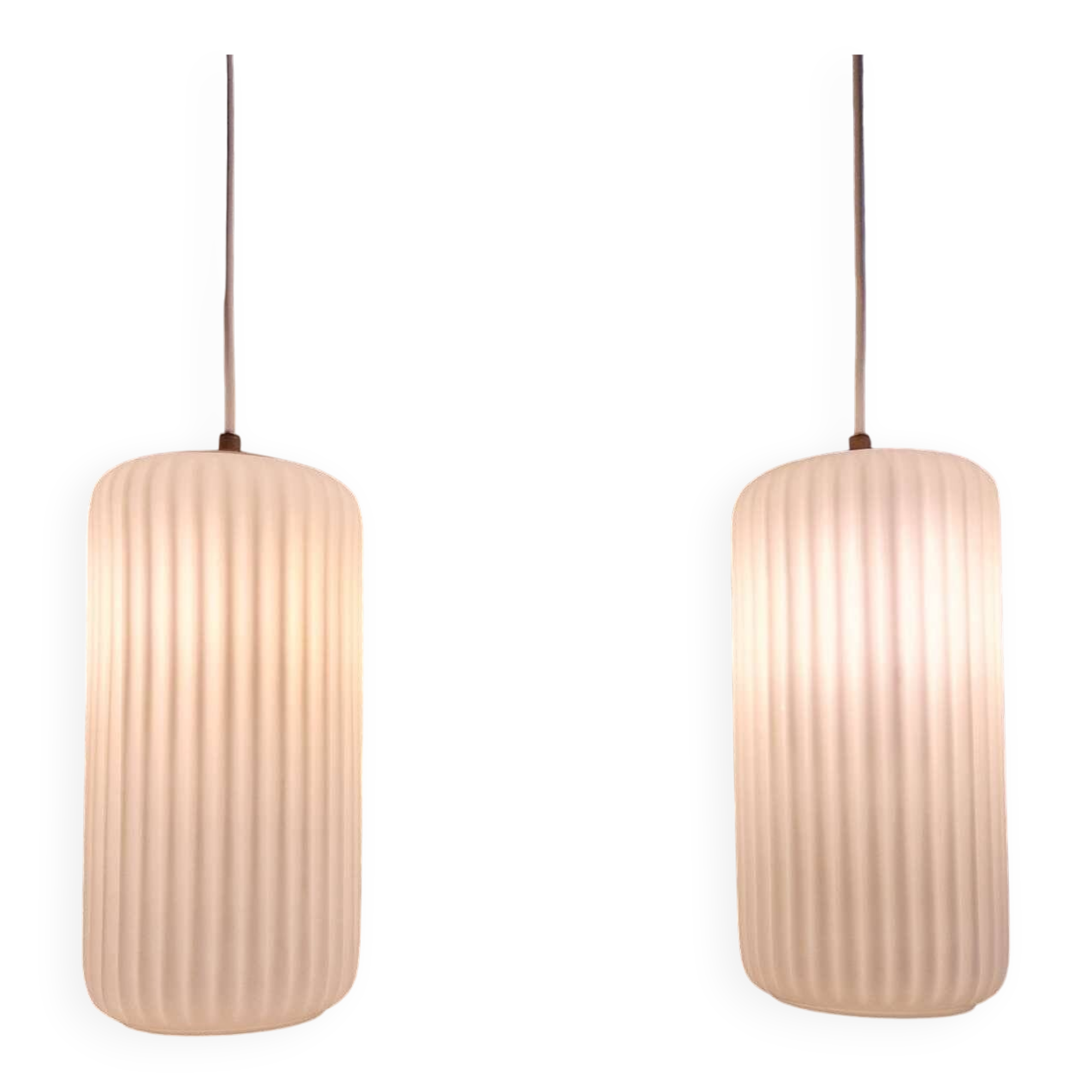 Pair of ribbed white opaline pendants, Philips, 1960s