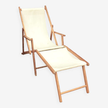 Deckchair with extension chaise longue, in wood and fabric