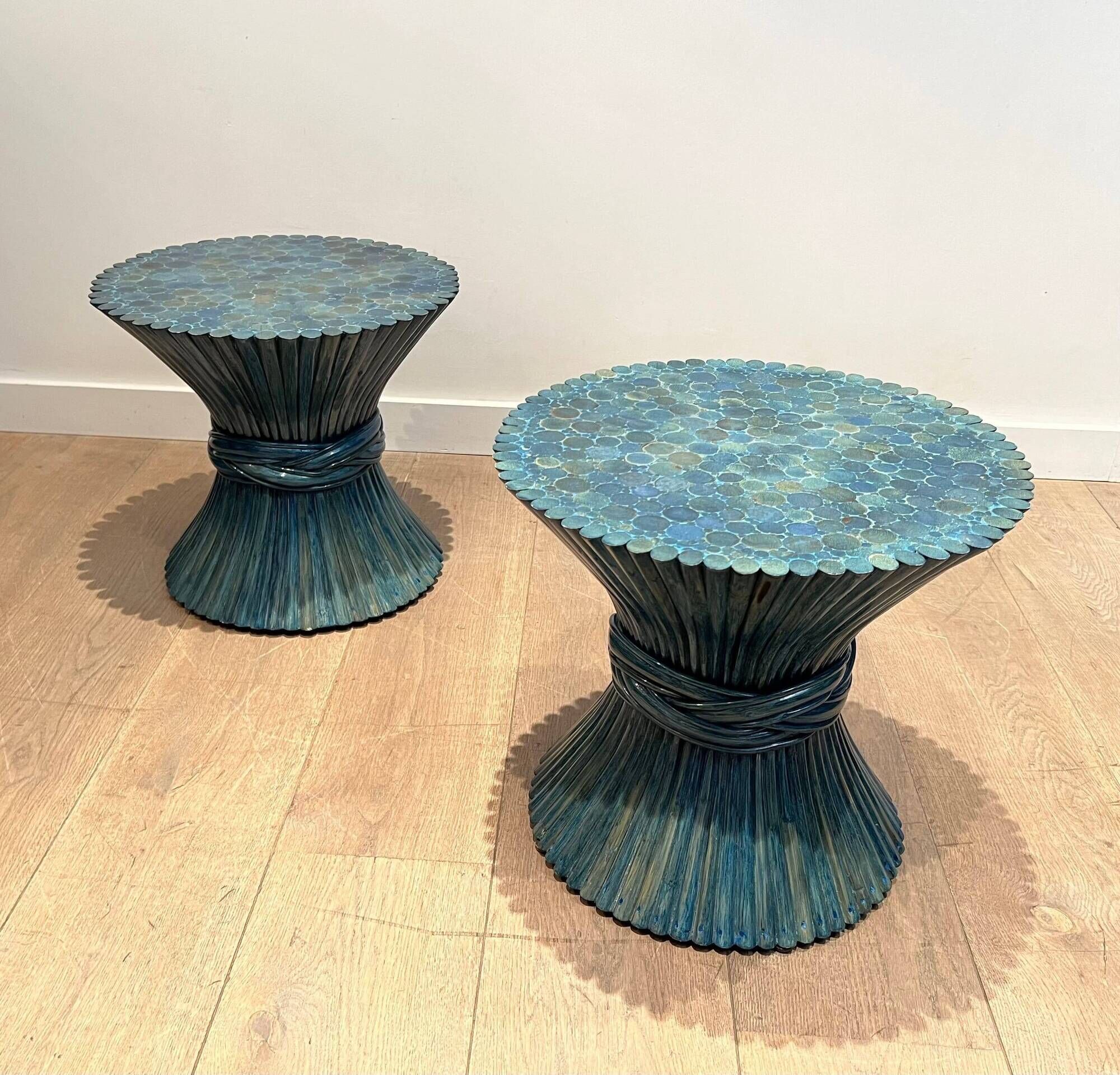 Pair of Bamboo Side Tables in the Shape of a Wheat Sheaf. Turquoise Lacquered.