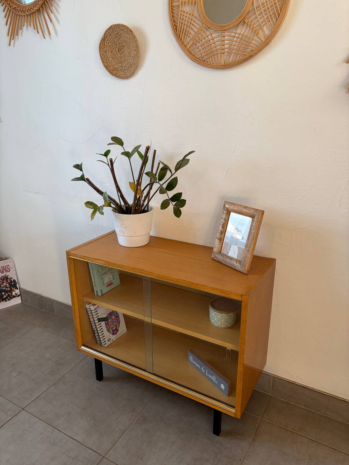 Vintage oak display cabinet from the 1960s.