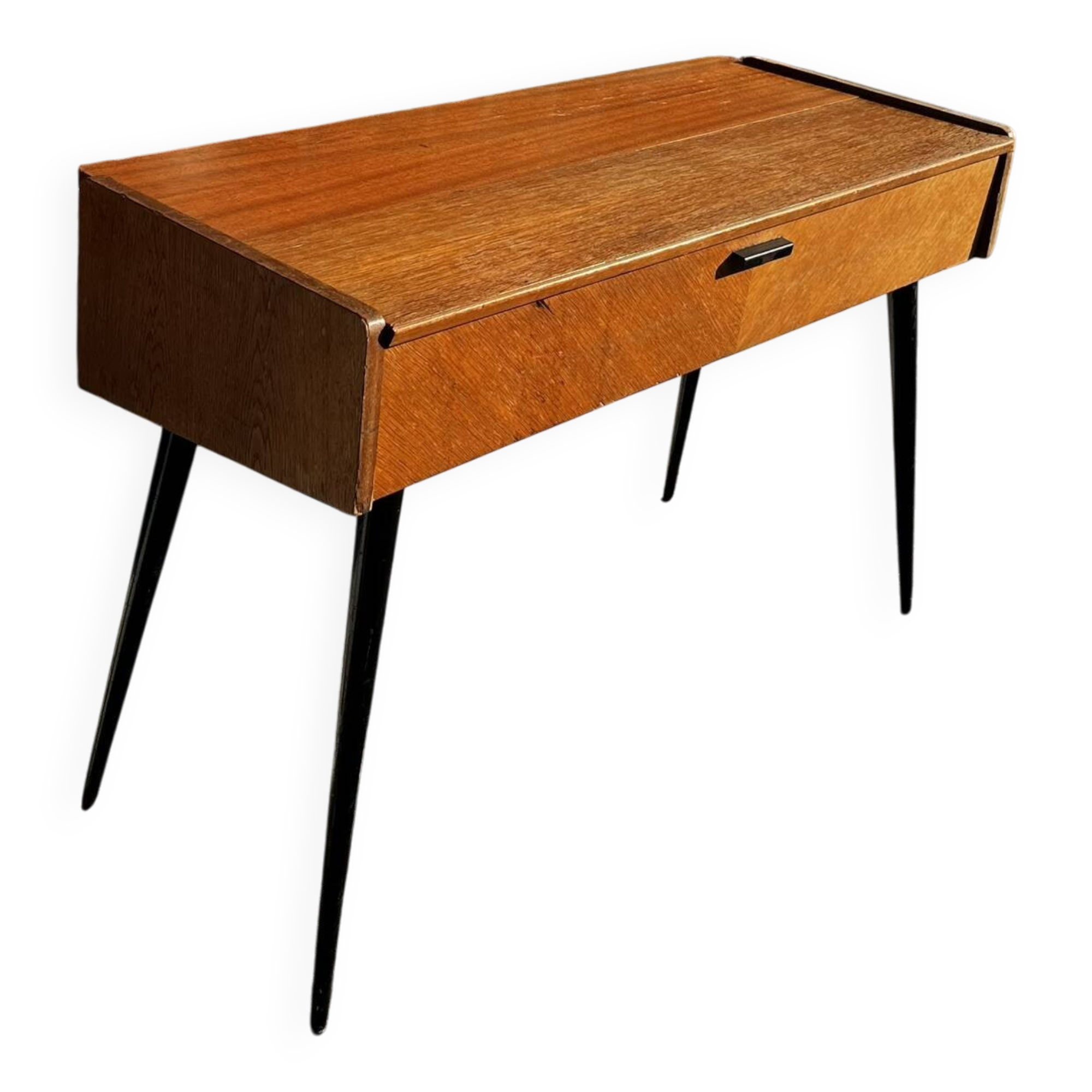 Vintage wooden console/desk with tapered legs.