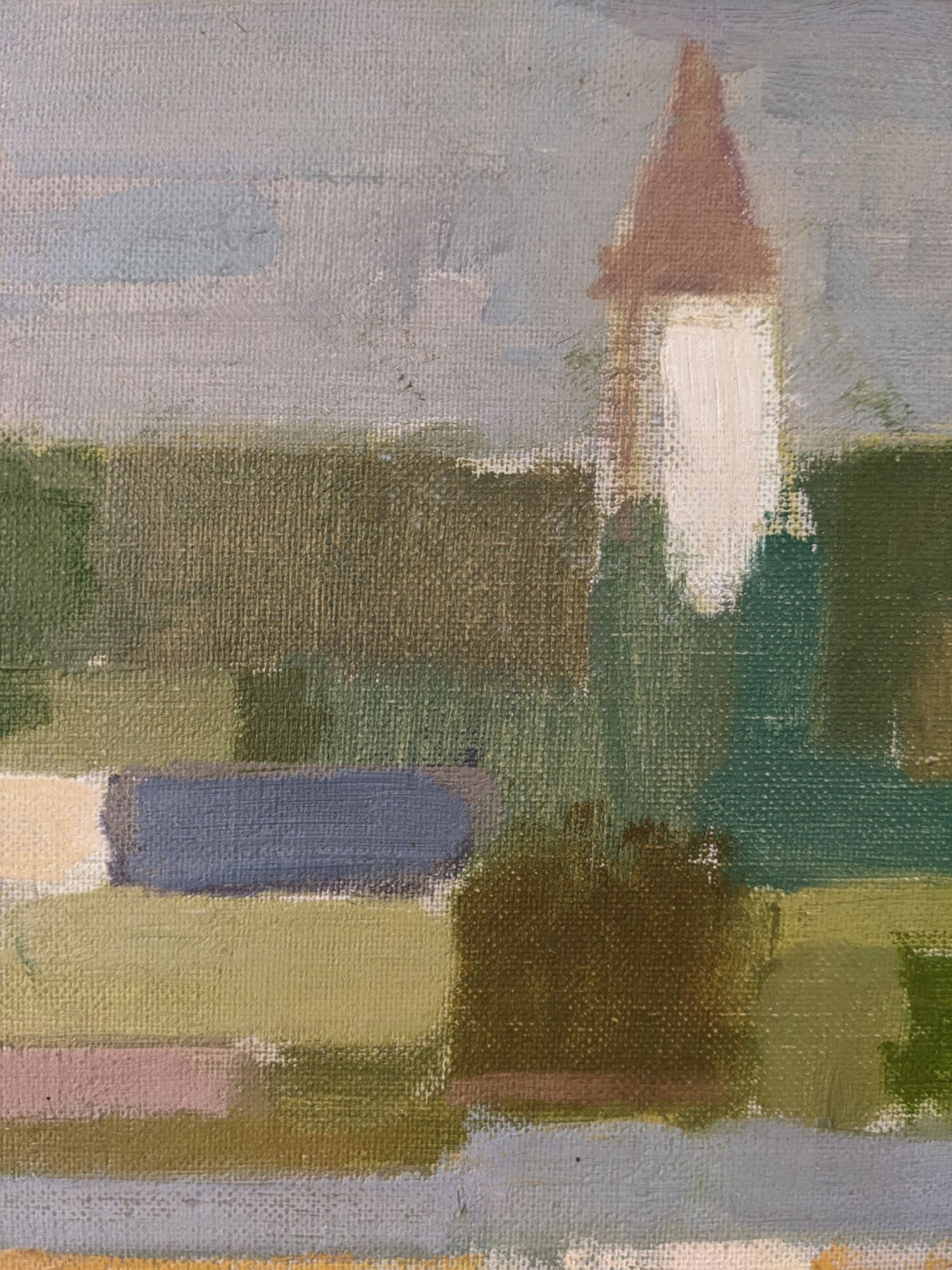 Mid-Century Modern Swedish "Houses by Nature" Vintage Landscape Oil Painting, Framed