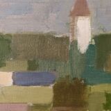 Mid-Century Modern Swedish "Houses by Nature" Vintage Landscape Oil Painting, Framed