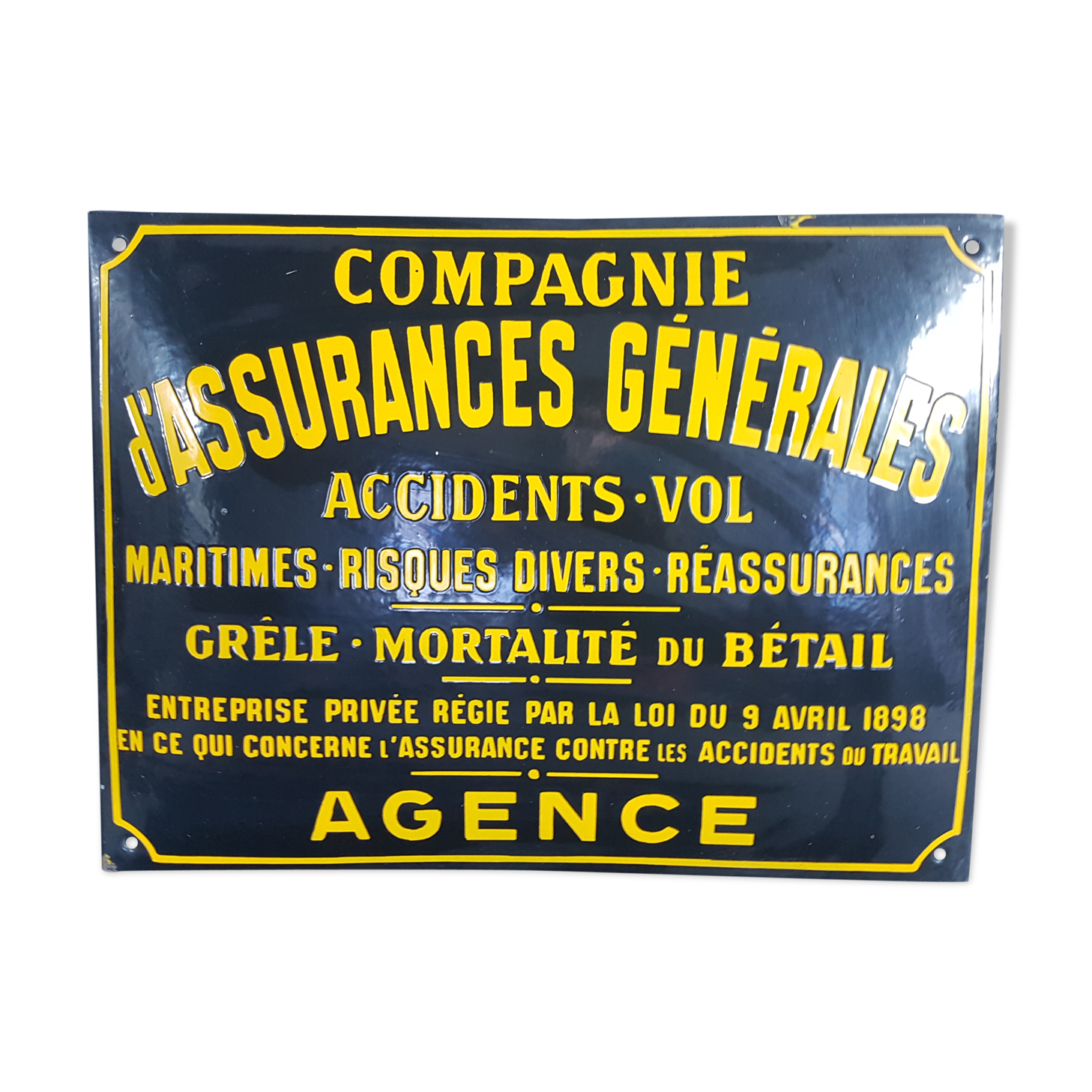 Advertising enamel plate "General insurance company... Miscellaneous risks... Hail, livestock mortality..." 50x 42 cm