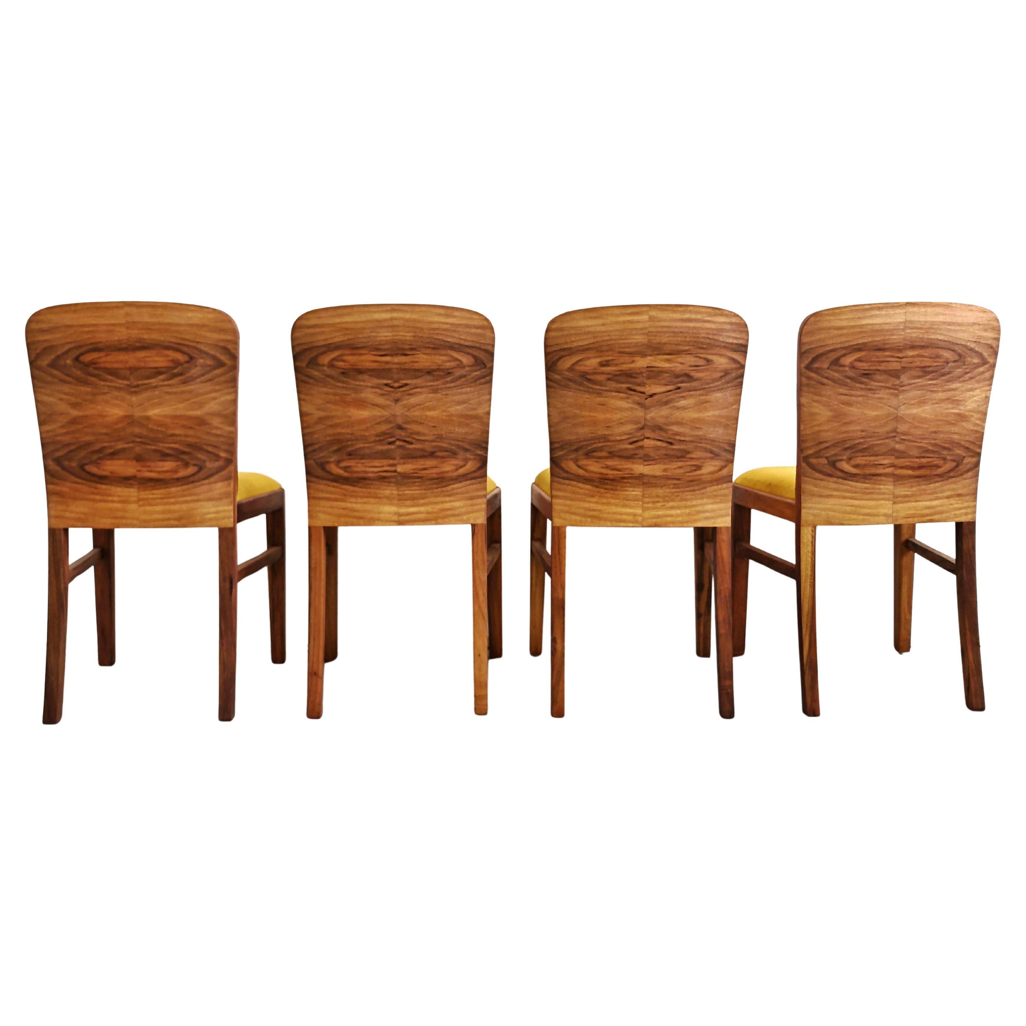 Set de 4 chaises Art Déco en placage de racine de noyer, velours