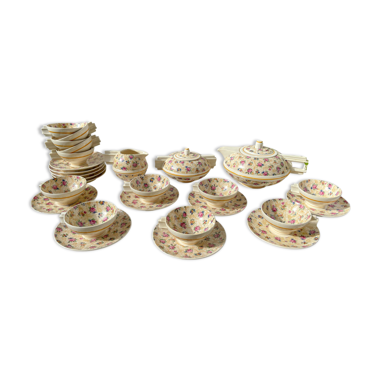 Robj Paris Coffee Tea Set with Floral Yellow Porcelain Core - Vintage Art Deco Style