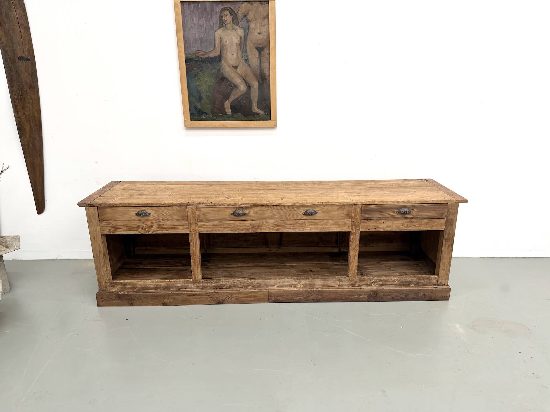 Very large pine trade counter, circa 1920.