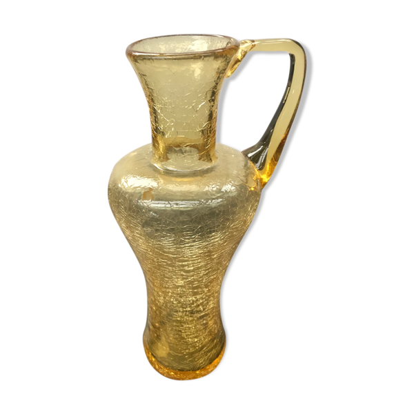 Carafe verre soufflé craquelé jaune avec anse décoration cuisine vintage