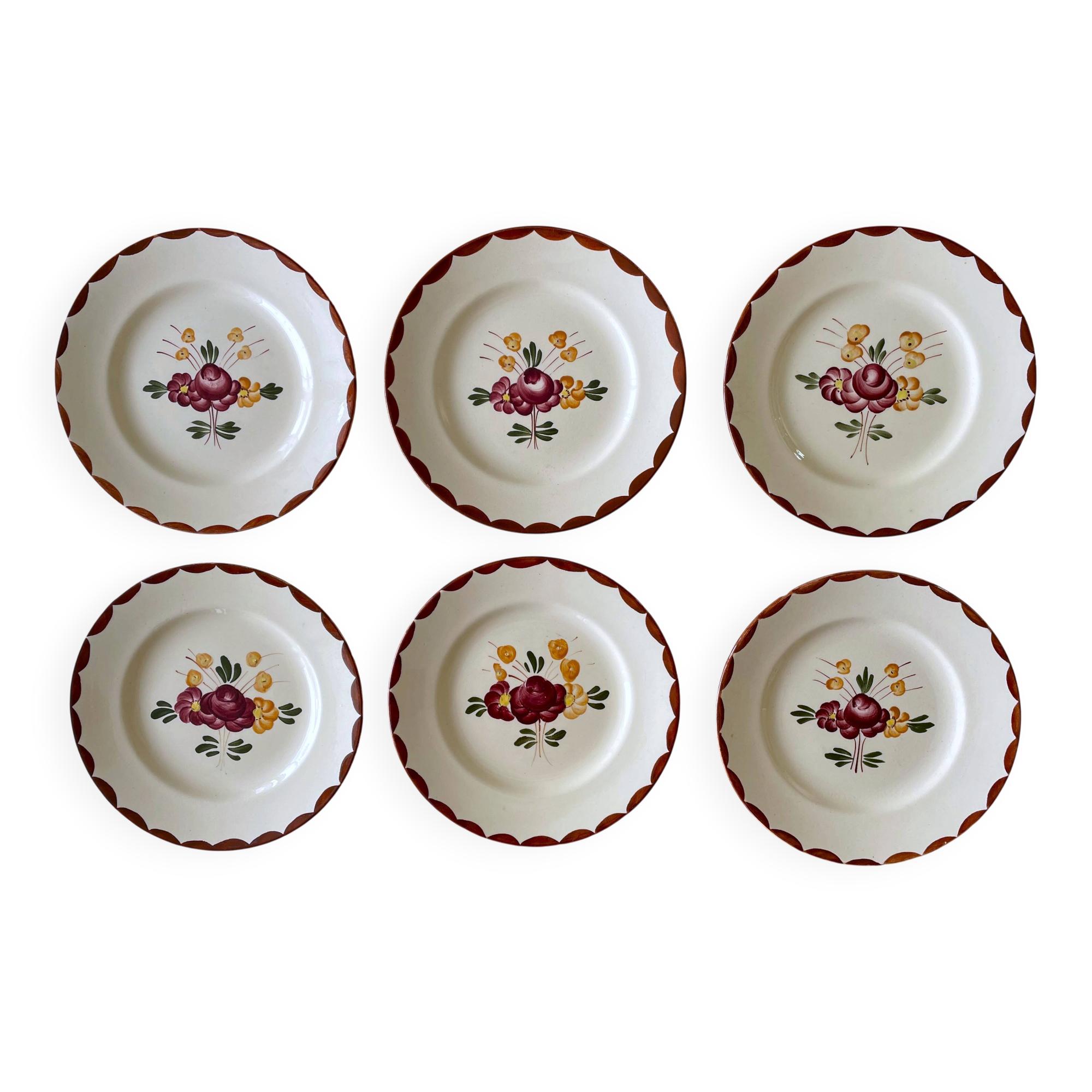 6 assiettes à dessert anciennes en faïence de Longchamp