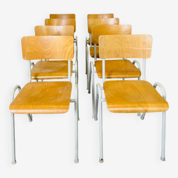 Lot de 8 chaises d'école en bois et acier Pays Bas années 80