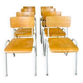 Lot de 8 chaises d'école en bois et acier Pays Bas années 80