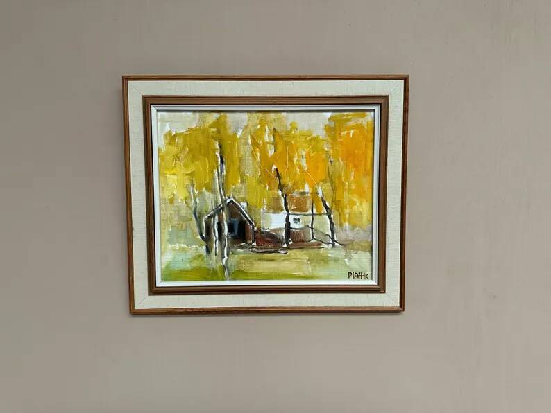 Original Swedish Oil on Canvas – "Houses and Trees in Autumn" by Pia H. Campbell
