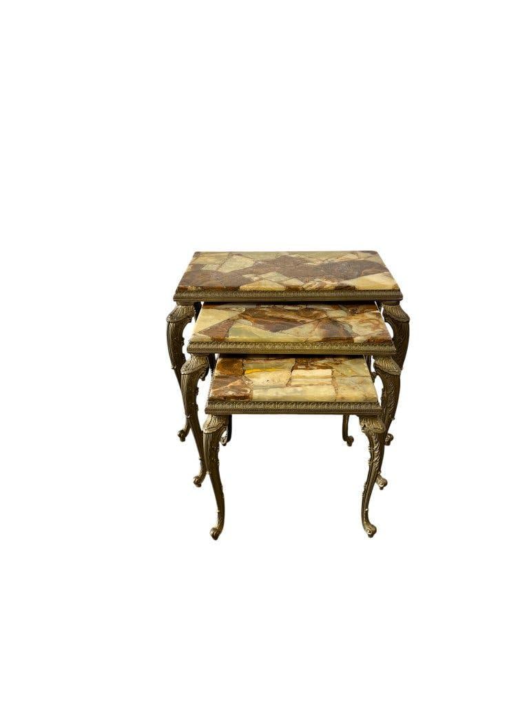 Ensemble de 3 tables gigognes vintage / tables d'appoint en onyx