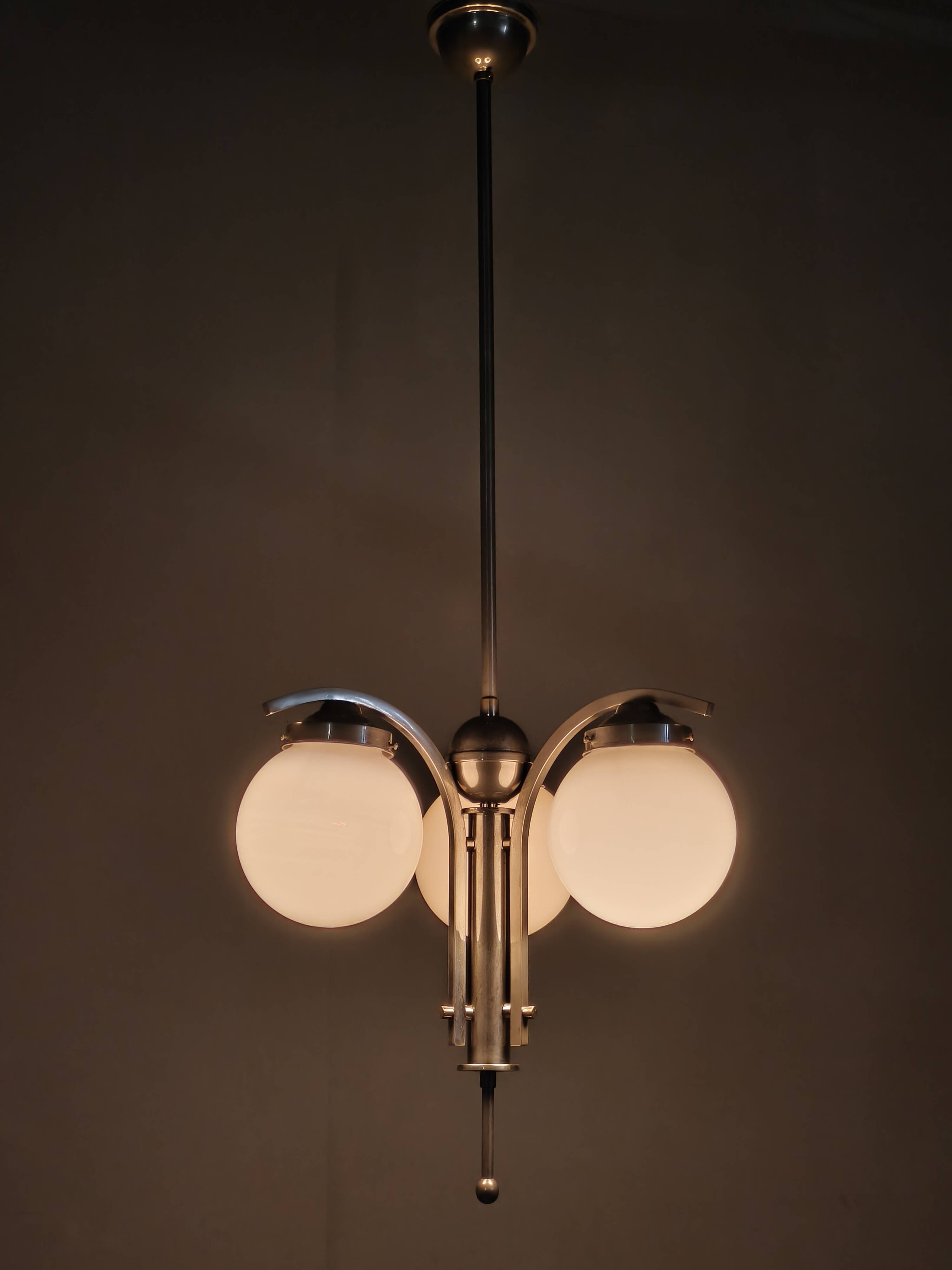 1930s Art Deco Nickel Chandelier With Opaline Glass Globes