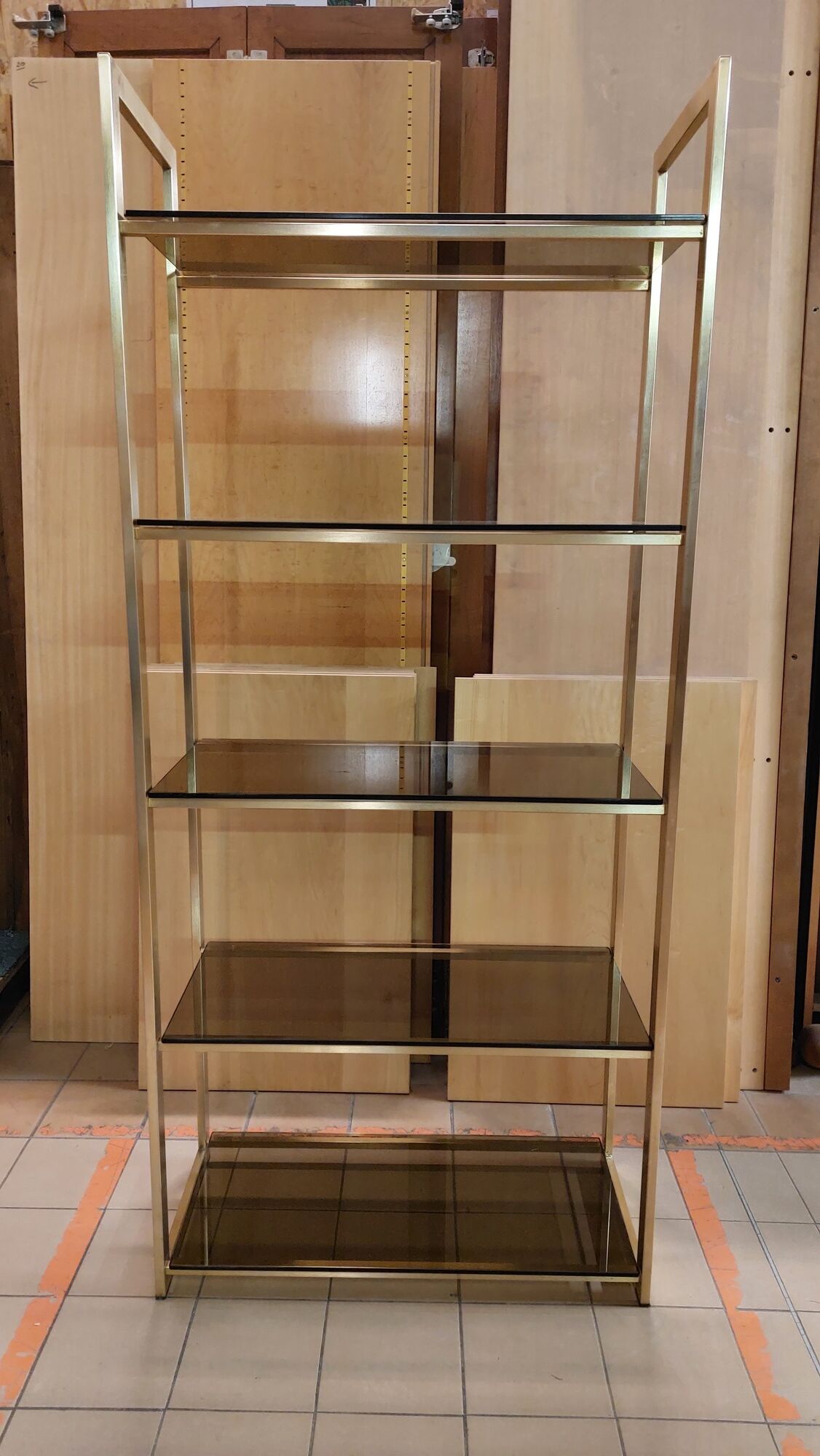 Vintage shelf in smoked glass and golden brass - 1970s