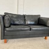 Vintage retro danish mogens hansen 2 person black leather sofa