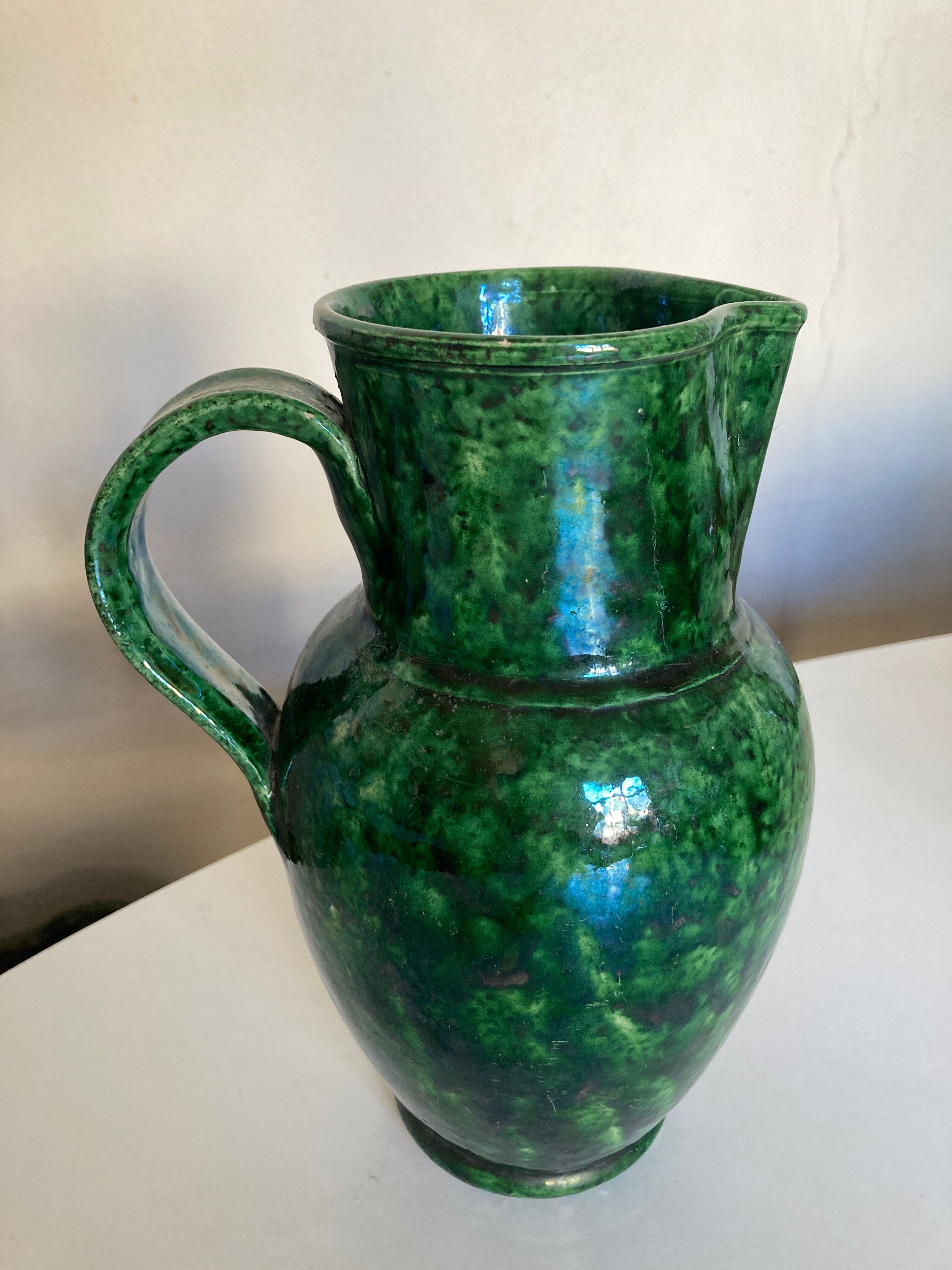 Glazed earthenware pitcher vase in green, Vaullauris, 1960.