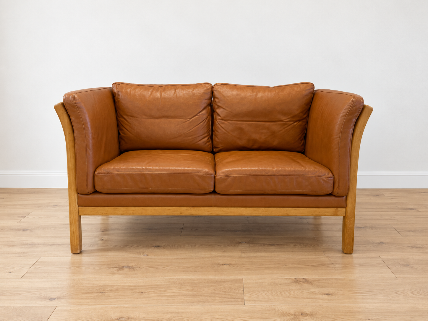 Vintage Danish 2 person sofa in cognac leather with oak frame