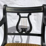 Fauteuil de bureau ancien noir accoudoirs crosse et dossier lyre