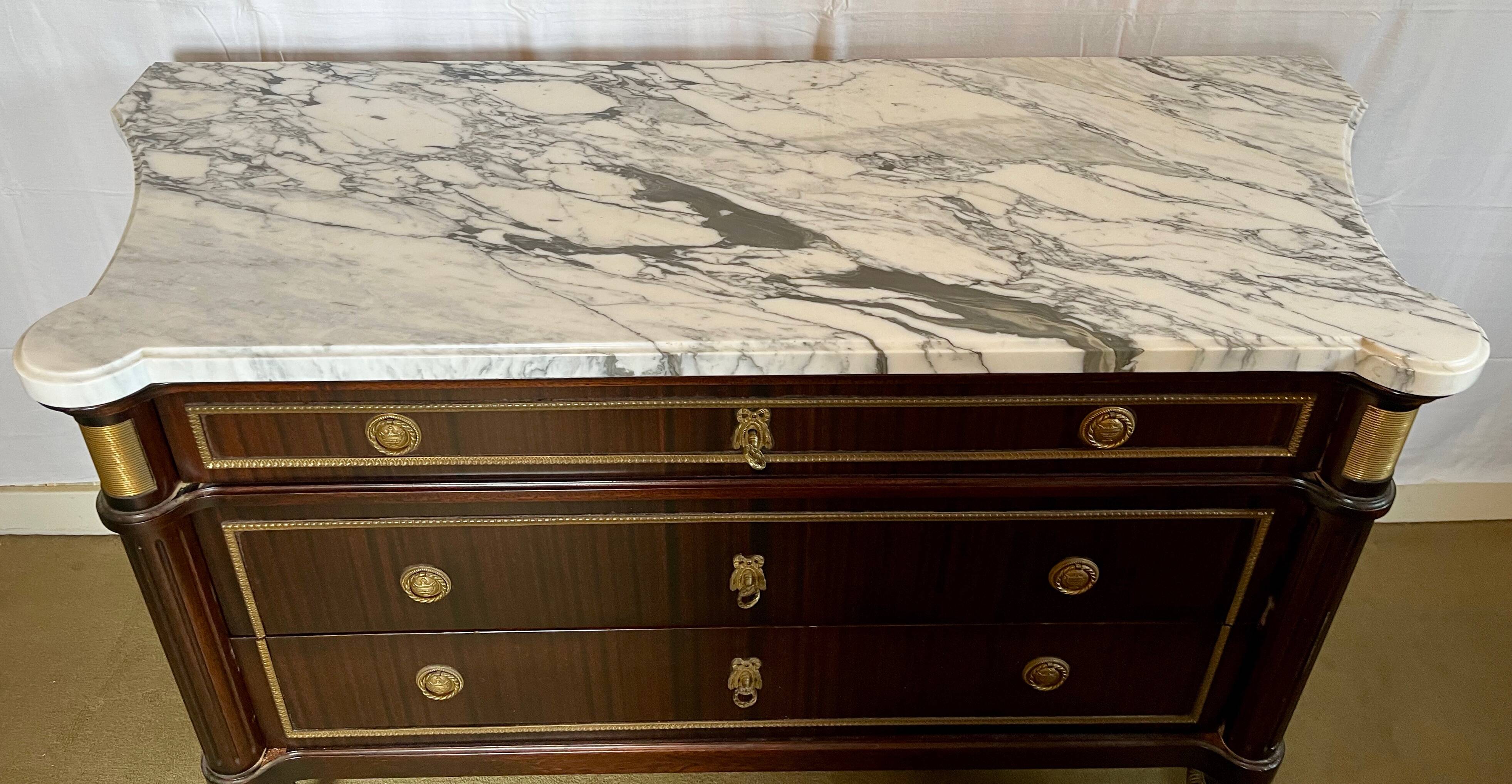 Large Louis XVI style chest of drawers, marble top.