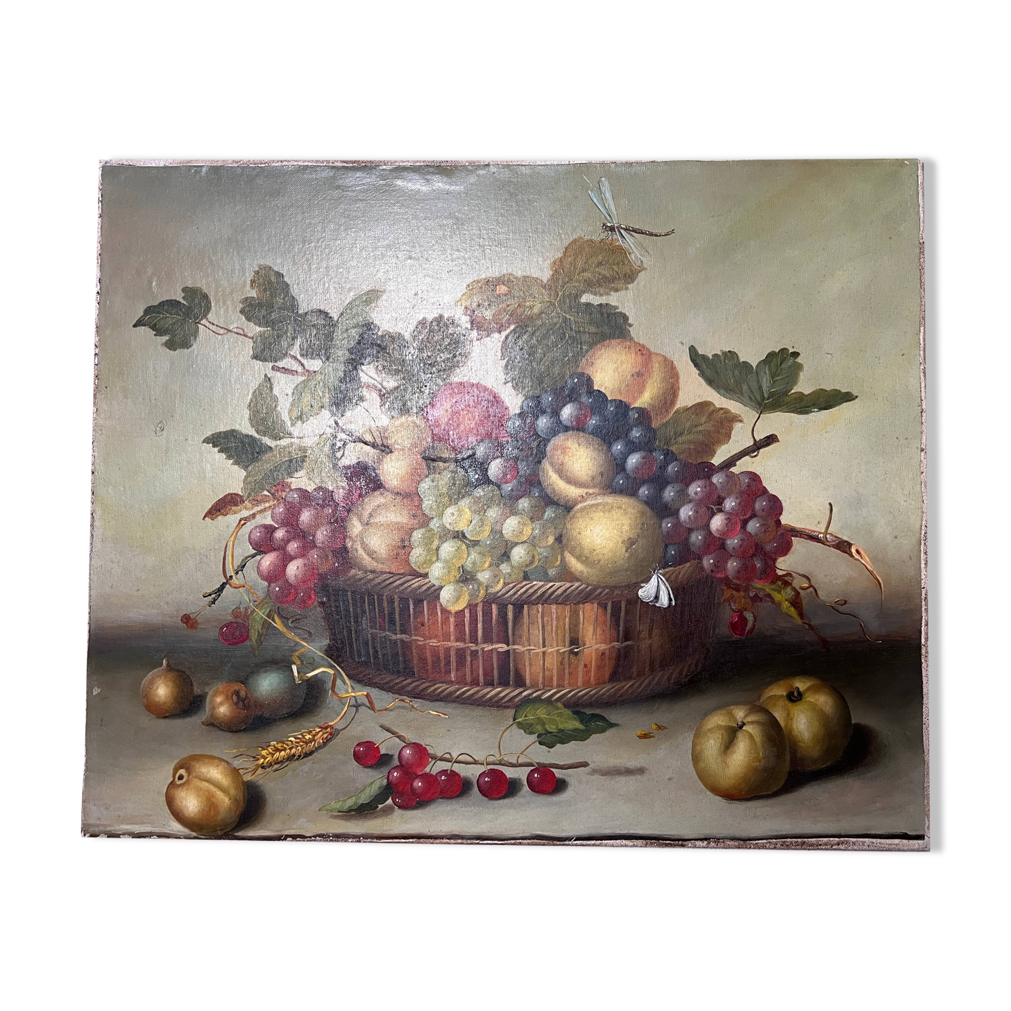 Still life painting of grapes and apples.