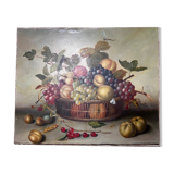 Still life painting of grapes and apples.
