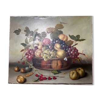 Still life painting of grapes and apples.
