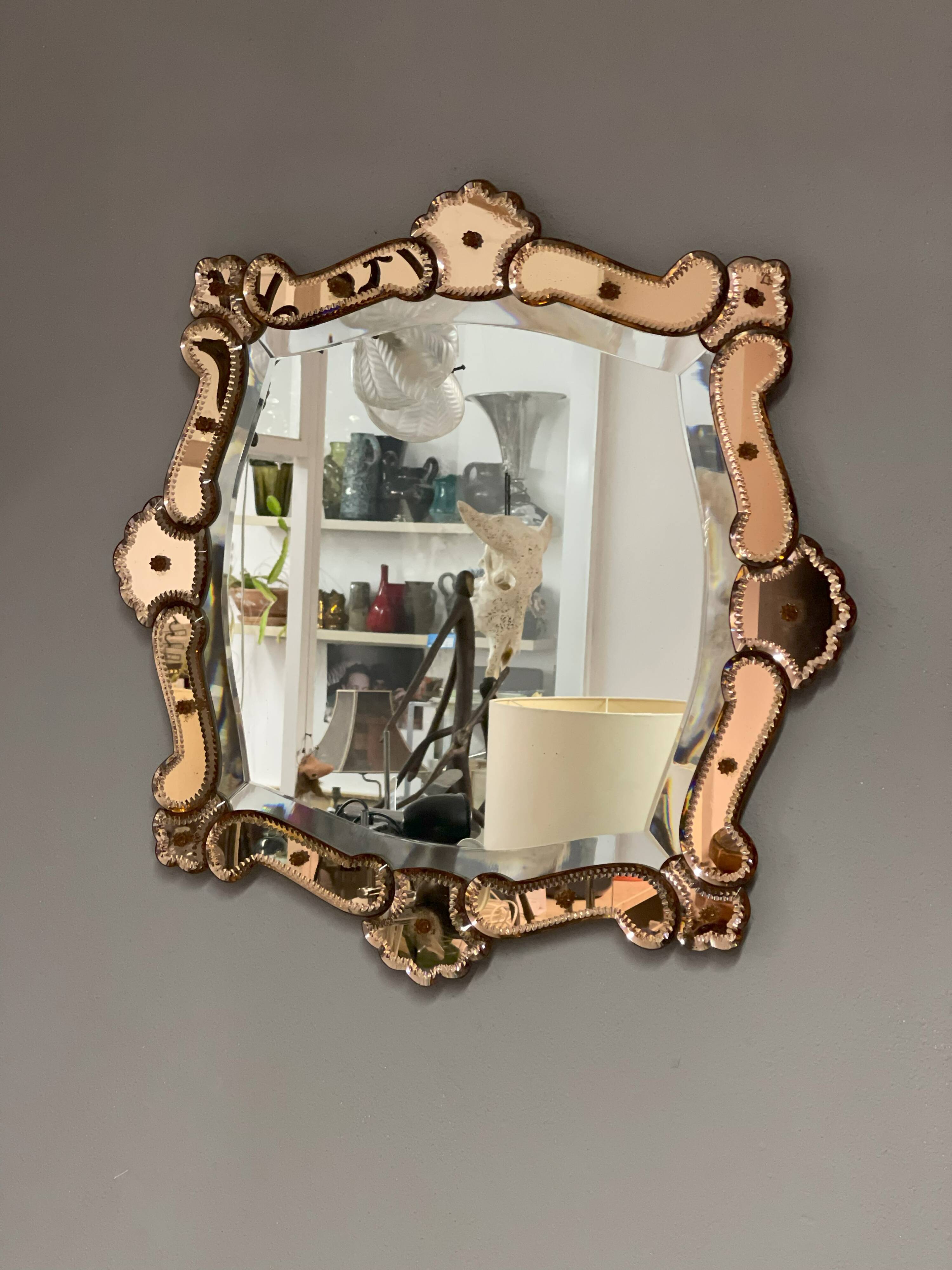 Venetian Quadratic Mirror with Rosé Rauchglass Frame
