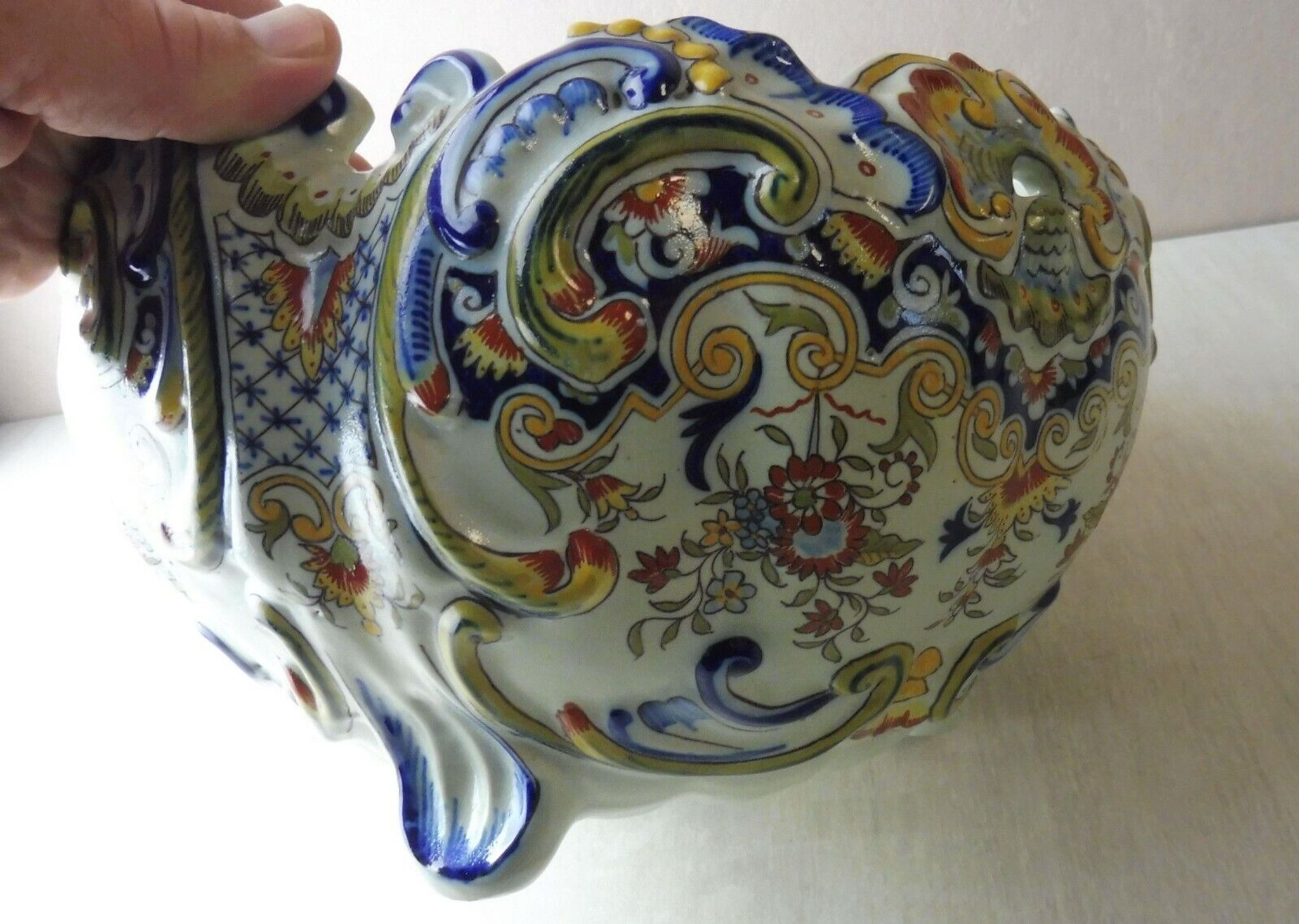 Old ceramic pot cover, decoration flowers, Rouen