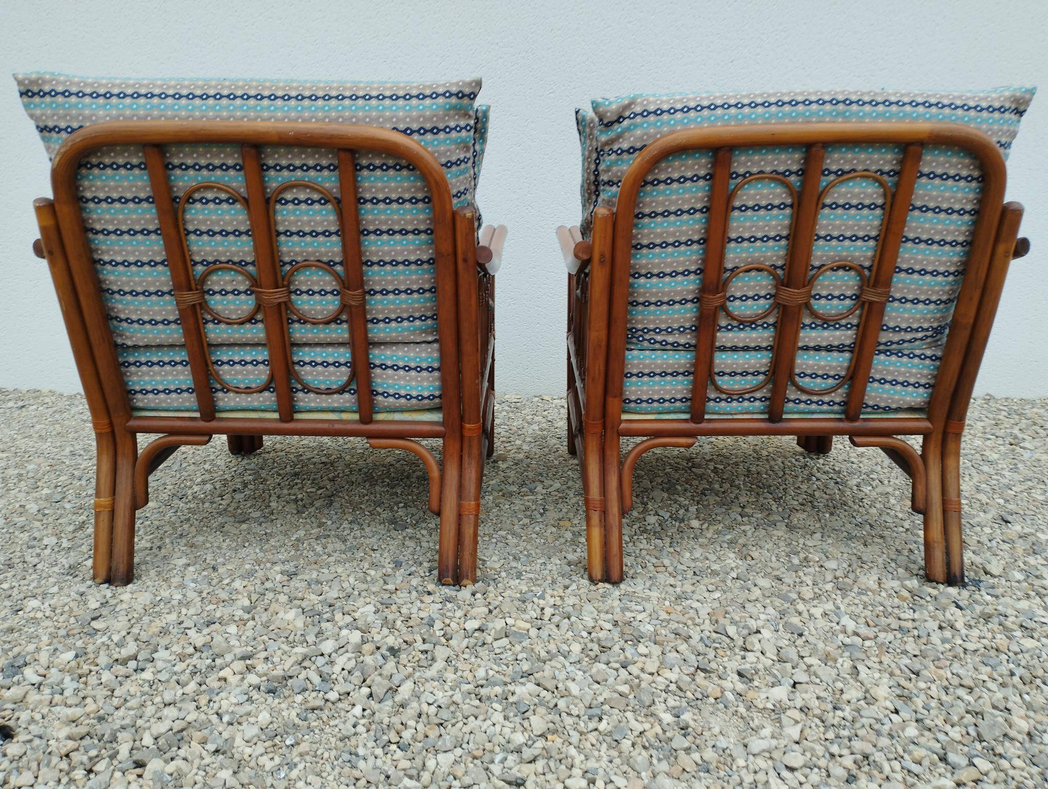 Pair of glacier blue rattan armchairs French Riviera vintage ép