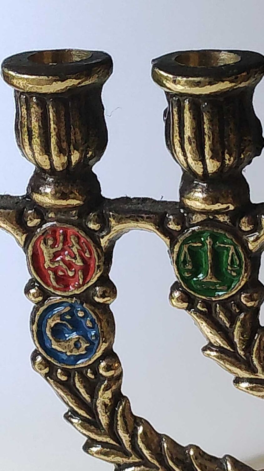 Menorah/Hebrew Candlestick with 7 branches. Astrological signs. Hanukkah. In patinated brass old gold