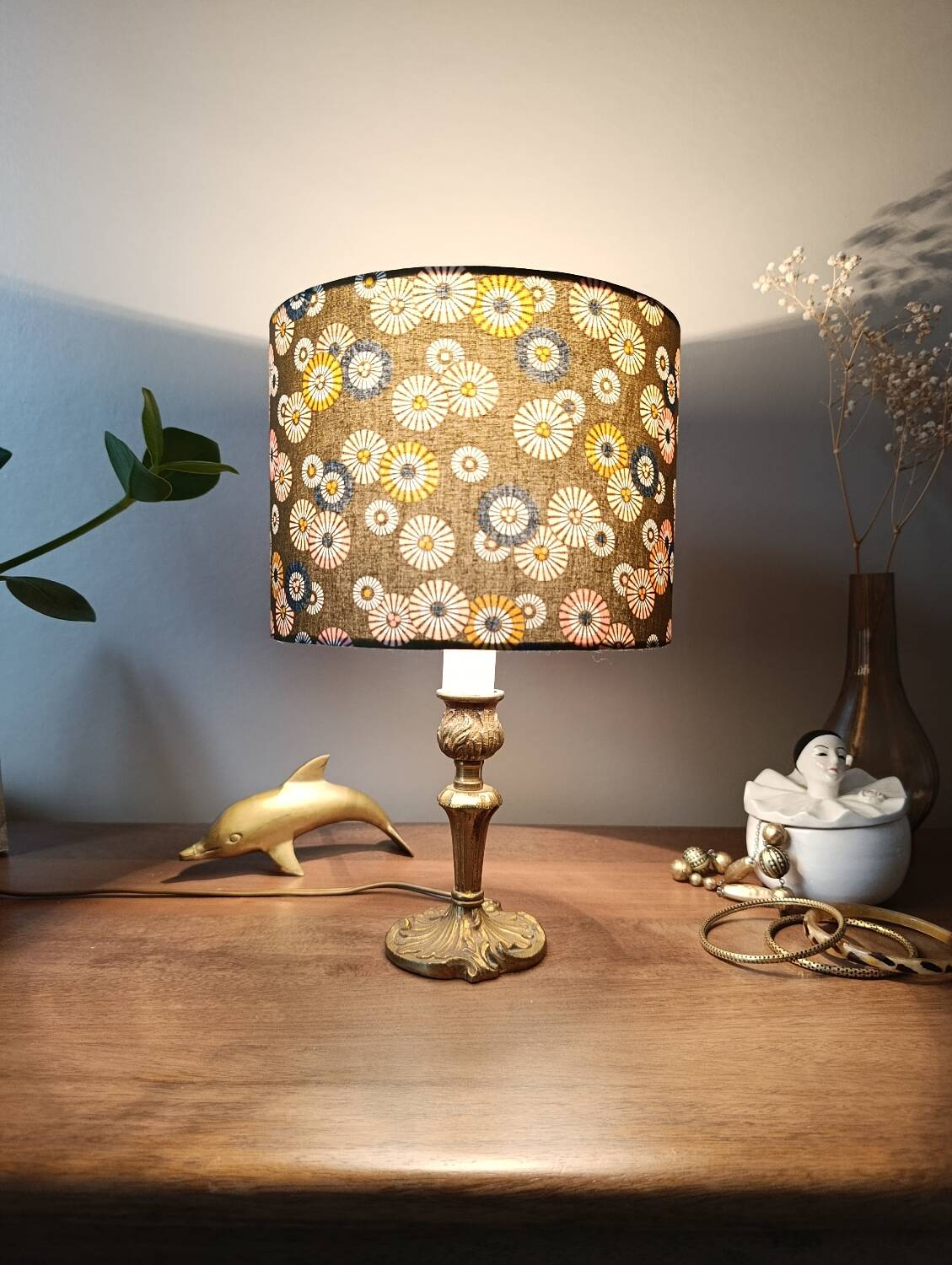 brass table lamp | khaki lampshade with multicoloured daisies