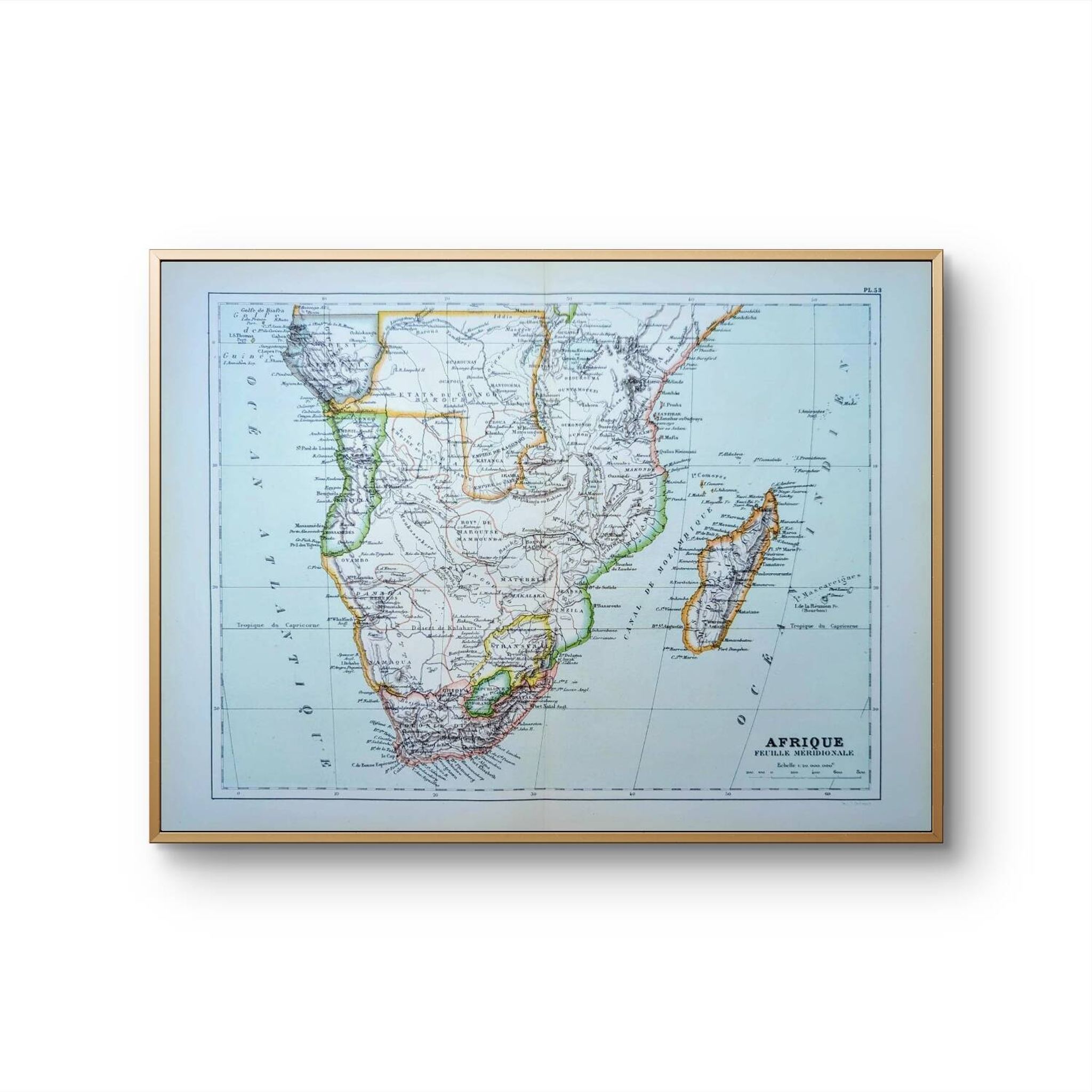 Imprimée en 1885, le sud de l'Afrique.