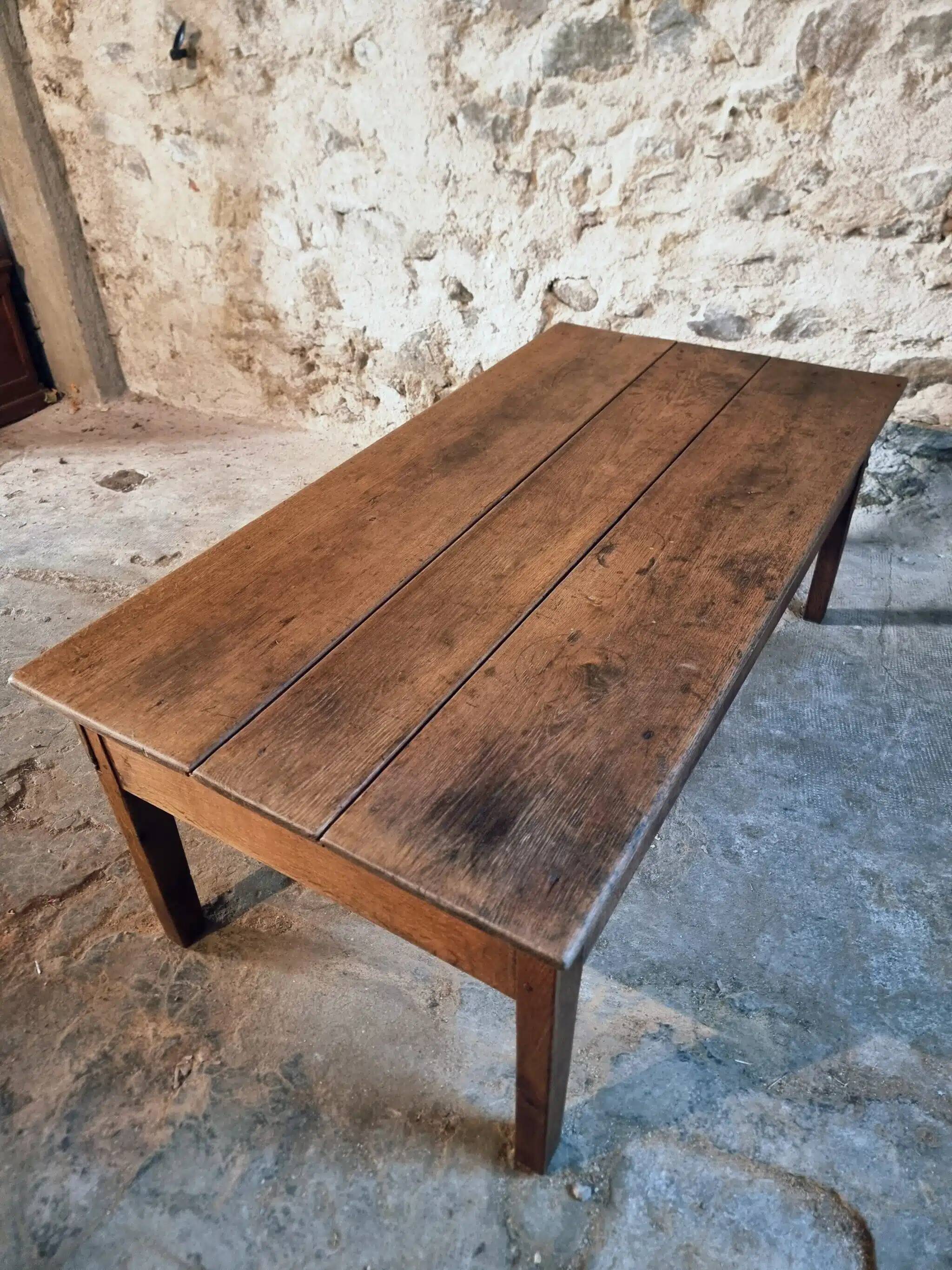 Table basse ancienne en chêne français – Table de ferme rustique du XIXe siècle avec tiroir et panneau de rangement coulissant, vers 1850
