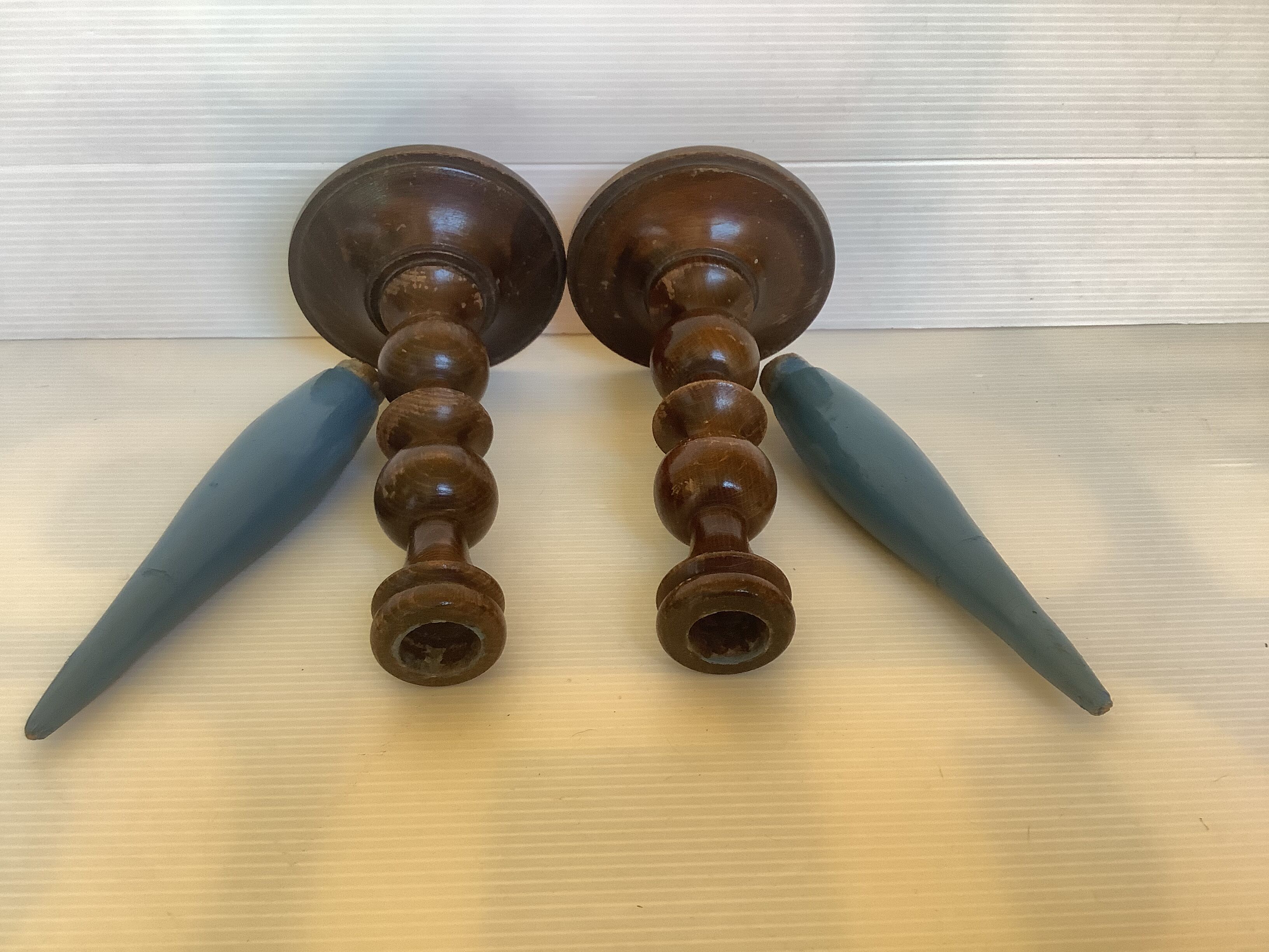 Pair of old candlesticks wood candles dummy blue wood