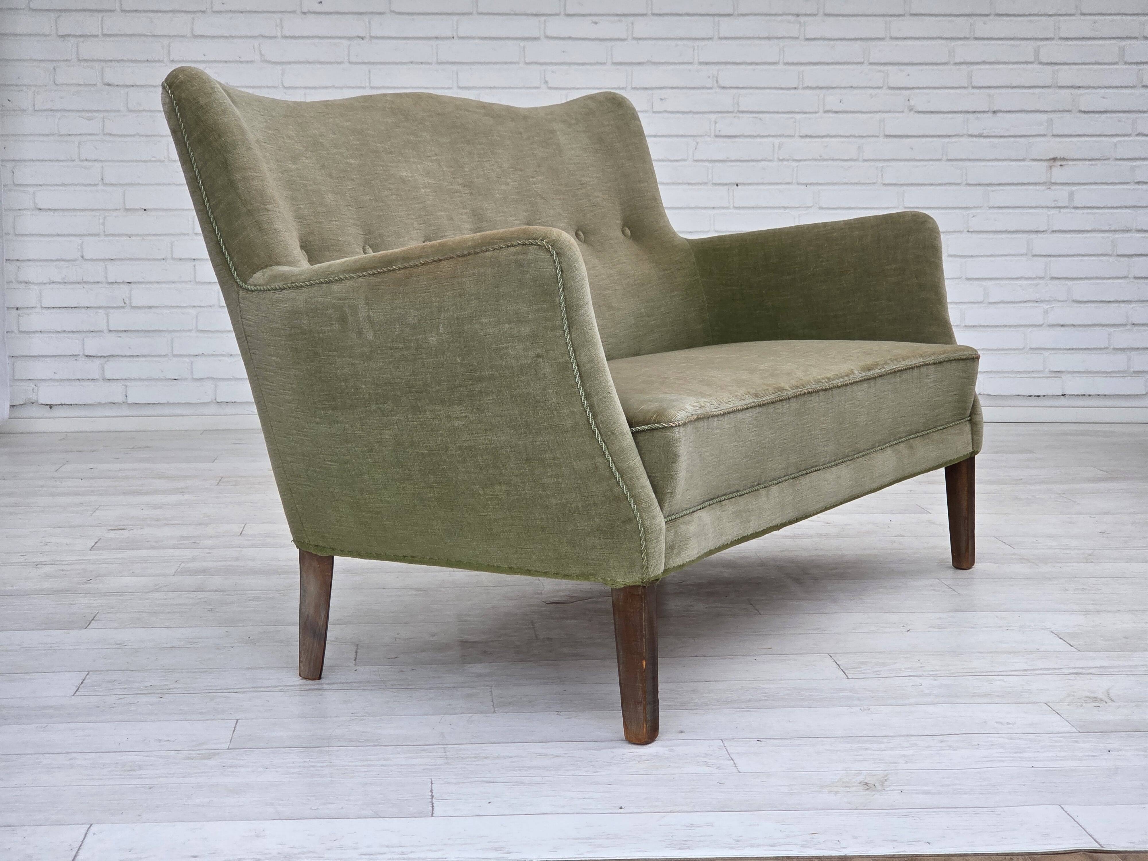 1960s, Danish curved 2-seater sofa, furniture velour, beech wood.