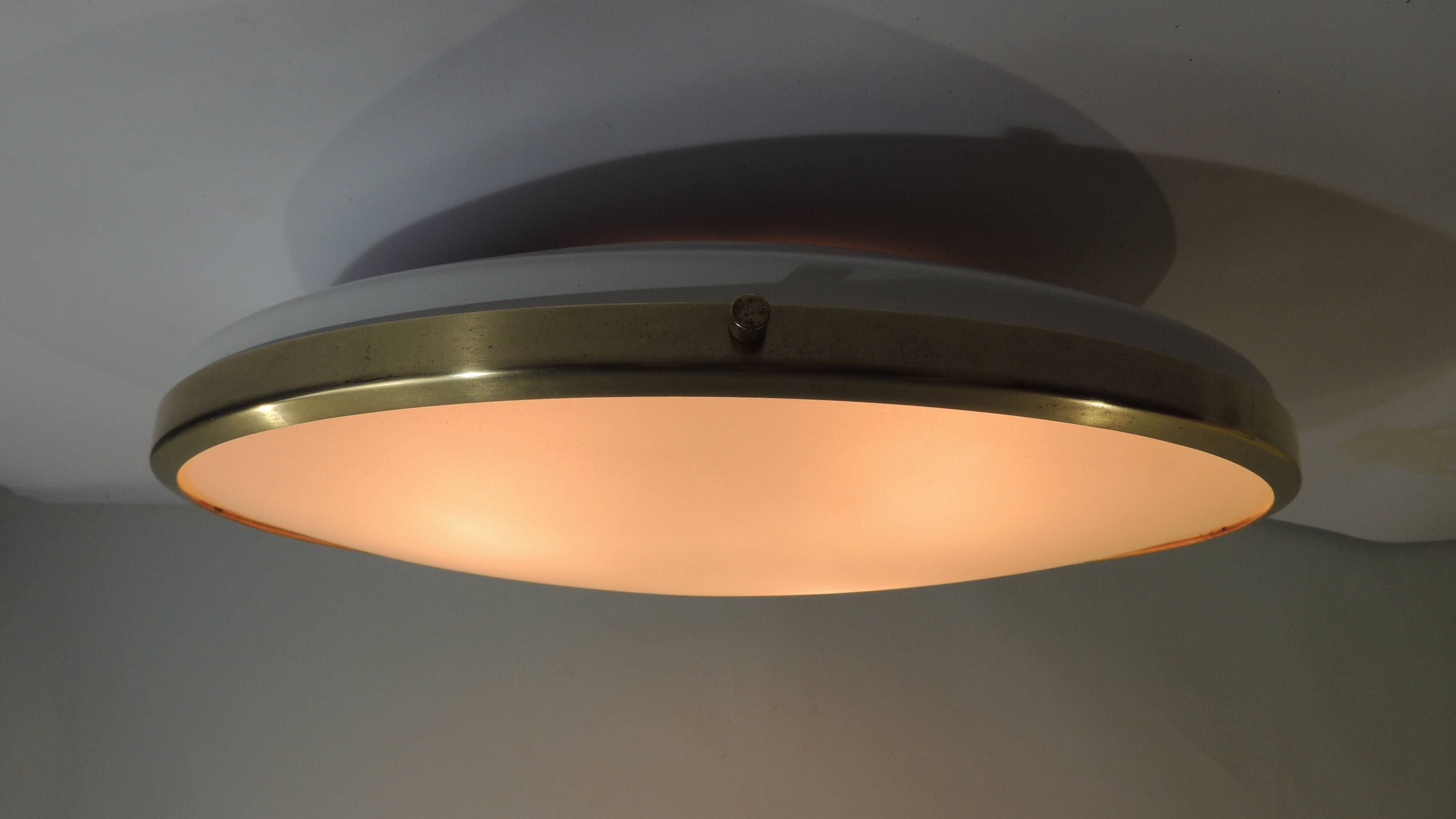 Large vintage ceiling light in opaline glass and brass – Arne Jacobsen style