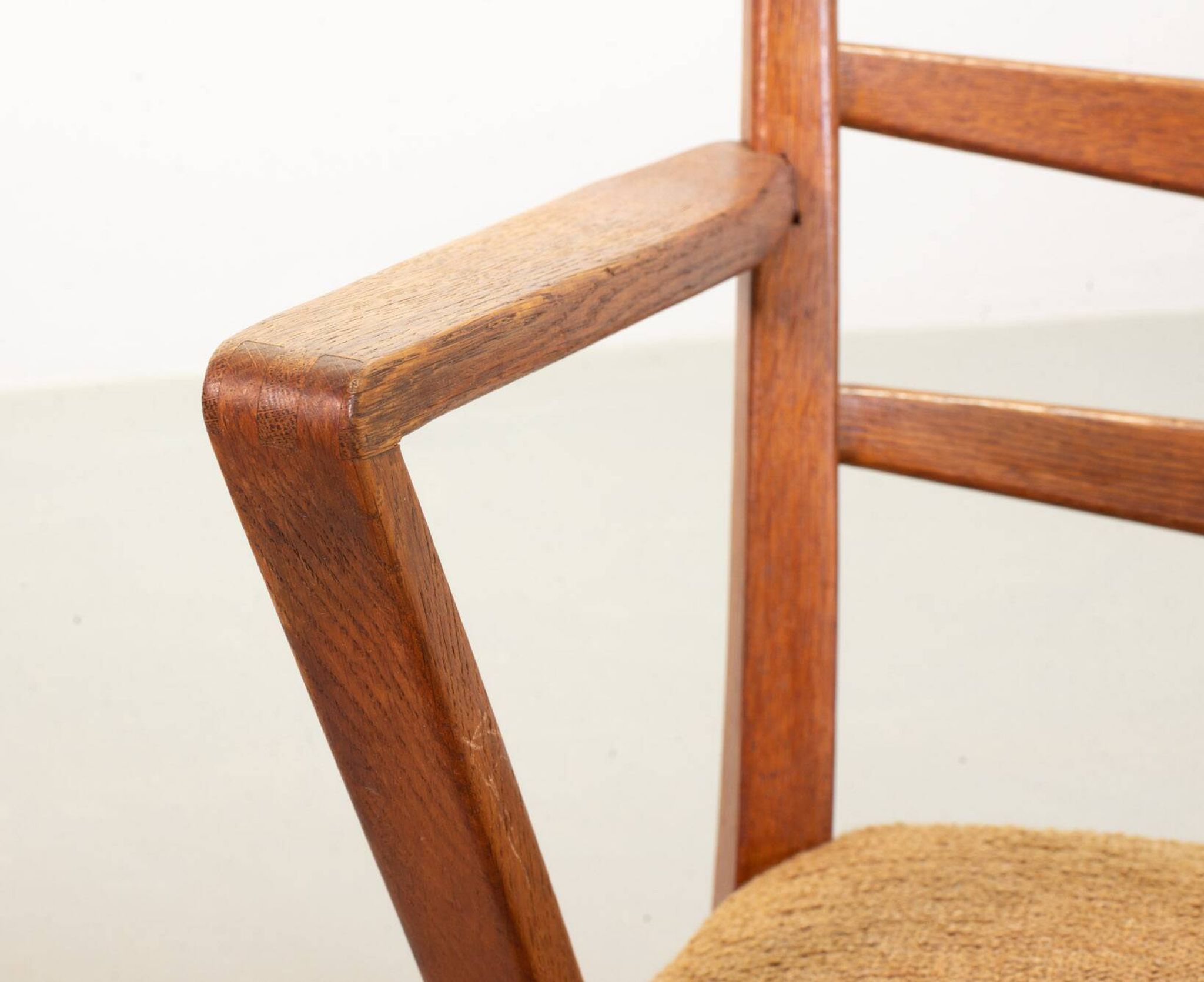 Cees Braakman Dutch Design Wooden Ladder Arm Chairs & Caramel Bouclé Fabric