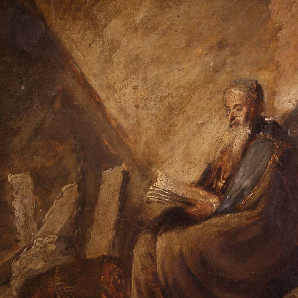 Antique painting on panel depicting Hermit from the 18th century
