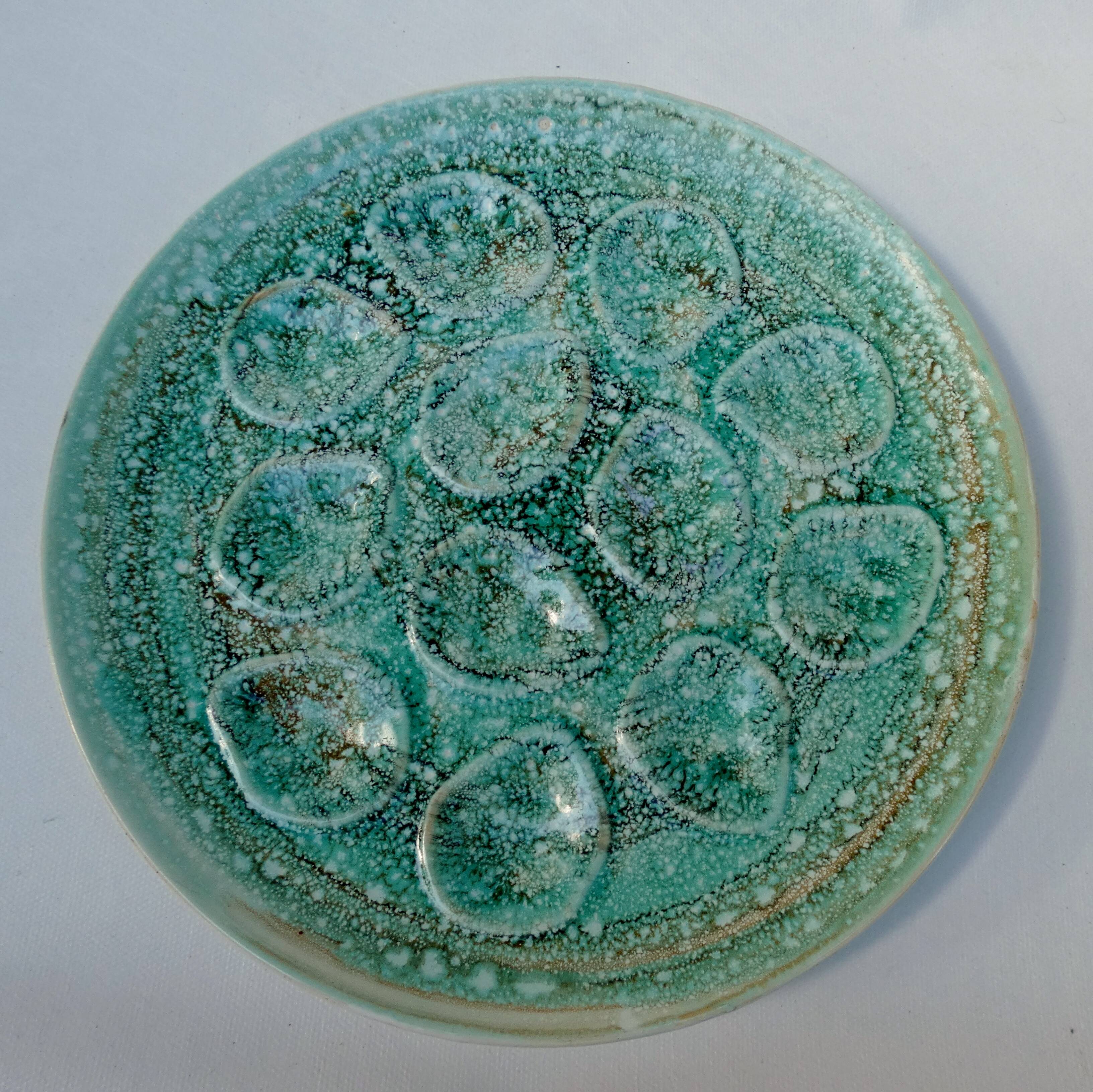 Turquoise ceramic oyster plate signed Niderviller model moss 1950 1960