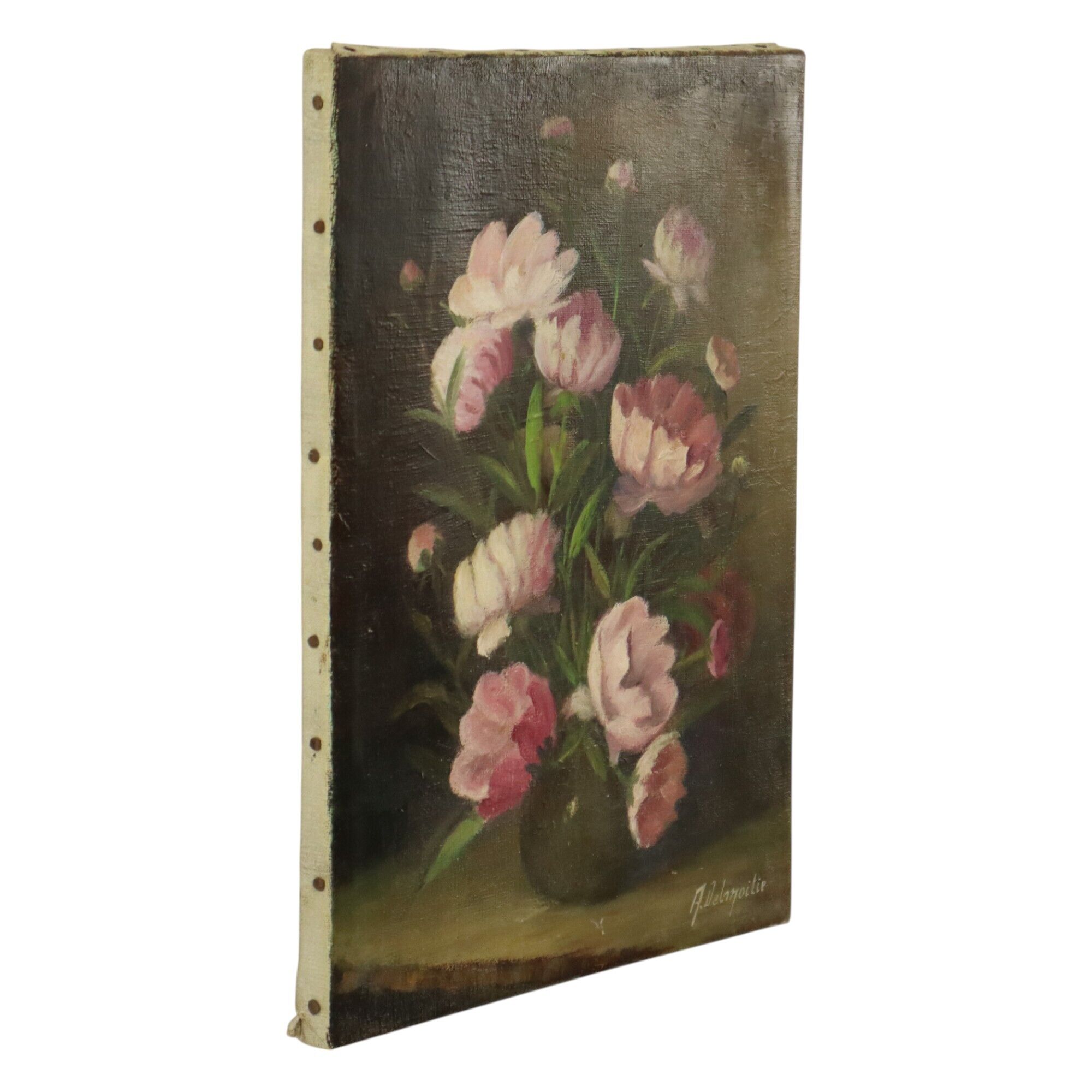 Pink Flowers Still Life Colorful Painting Signed 35x25cm