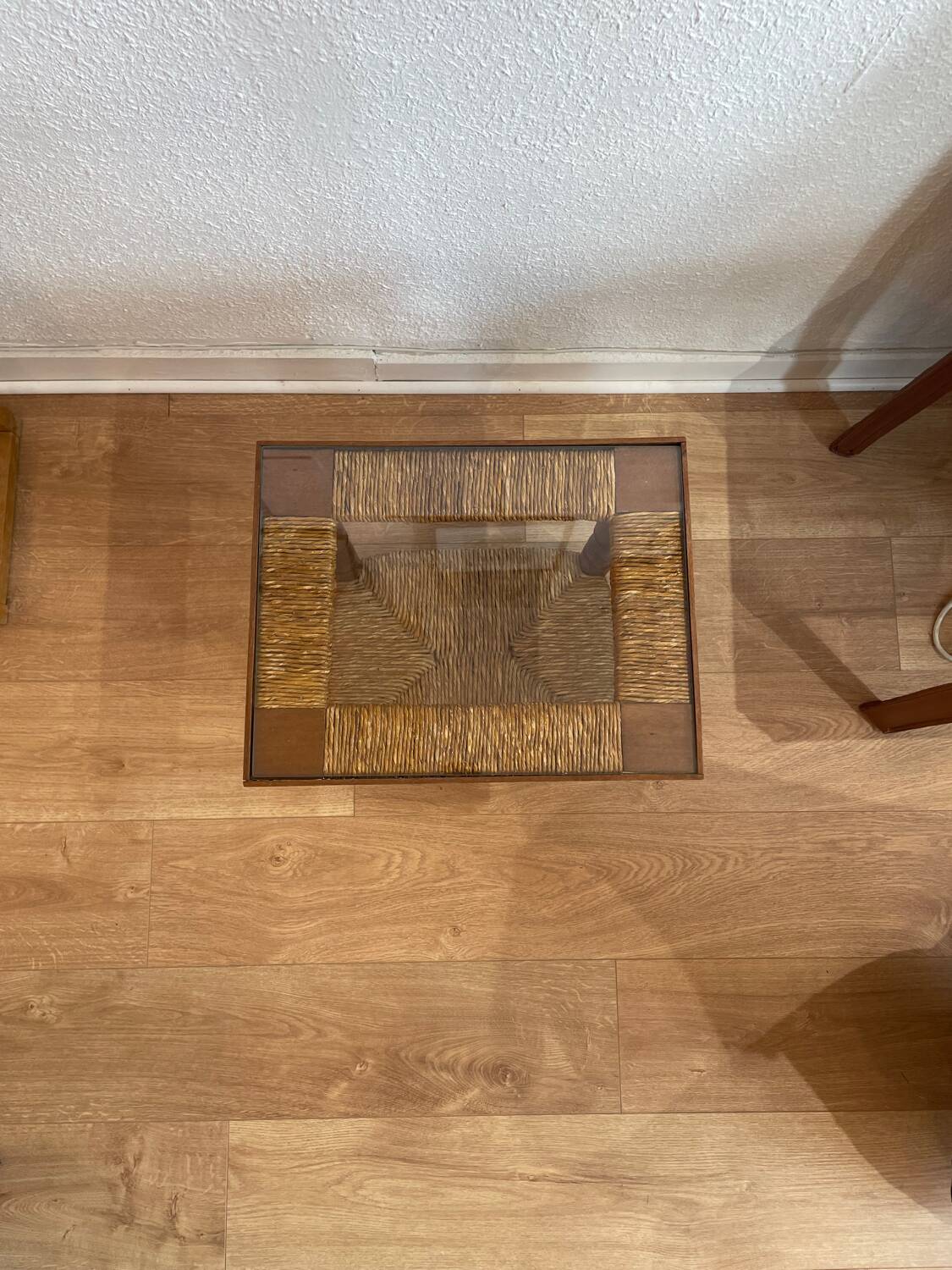 Wood, straw and glass side table, circa 1950