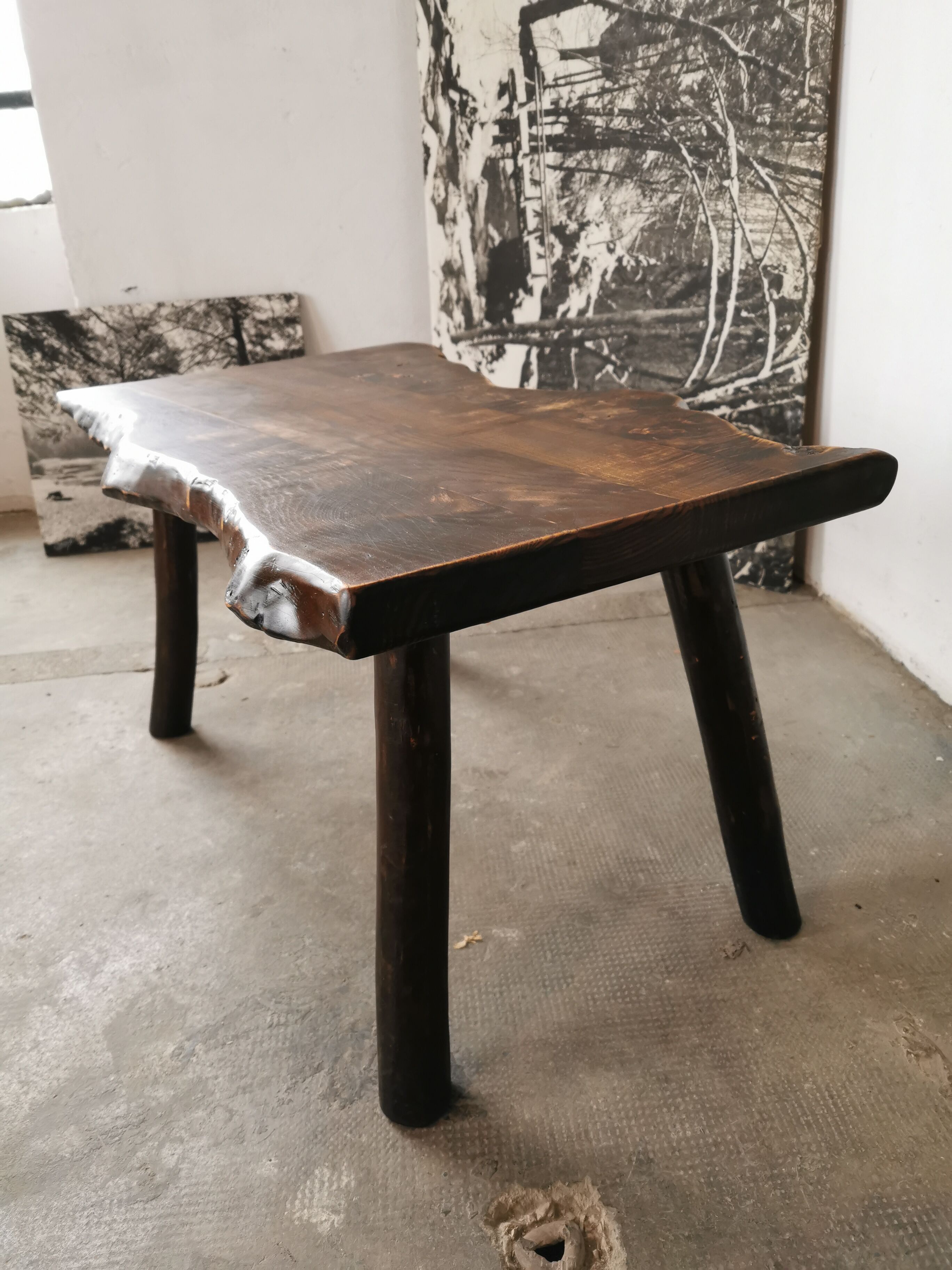 Brutalist, primitive wooden coffee table.