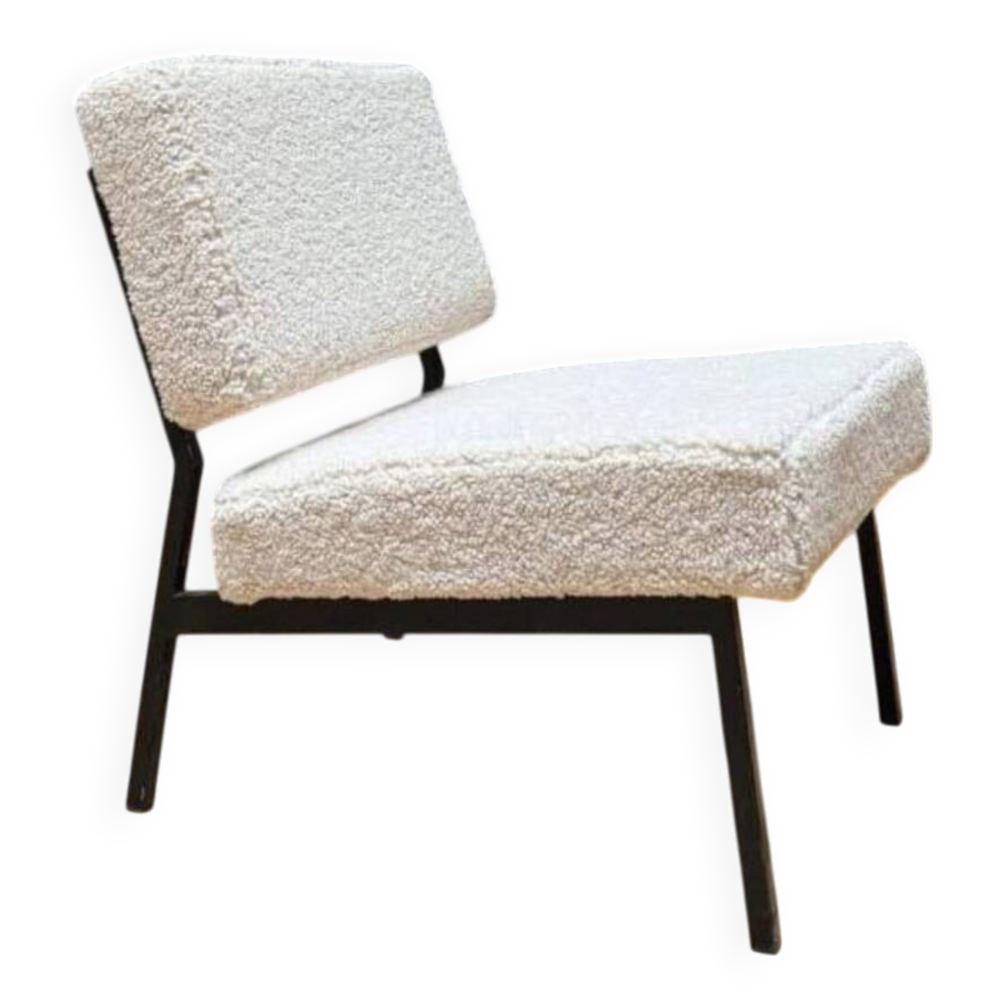 Vintage armchair, black metal and sheepskin fabric, France 1950