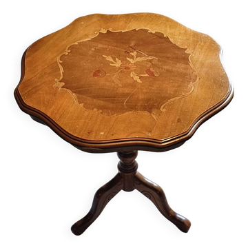 Table d’appoint ancienne en bois, plateau marqueté