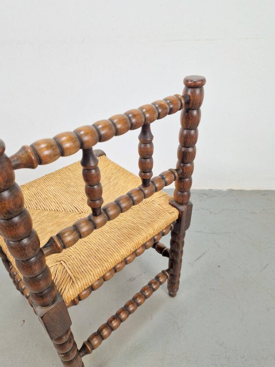 Mid-Century Modern Arts and Craft Style Bobbin Corner Chair in Oak with Rush Seat, 1950s
